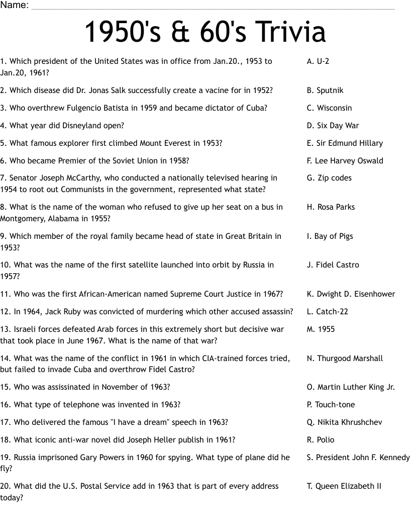 1950&amp;#039;S &amp;amp; 60&amp;#039;S Trivia Worksheet - Wordmint with regard to 60s Trivia Questions and Answers Printable