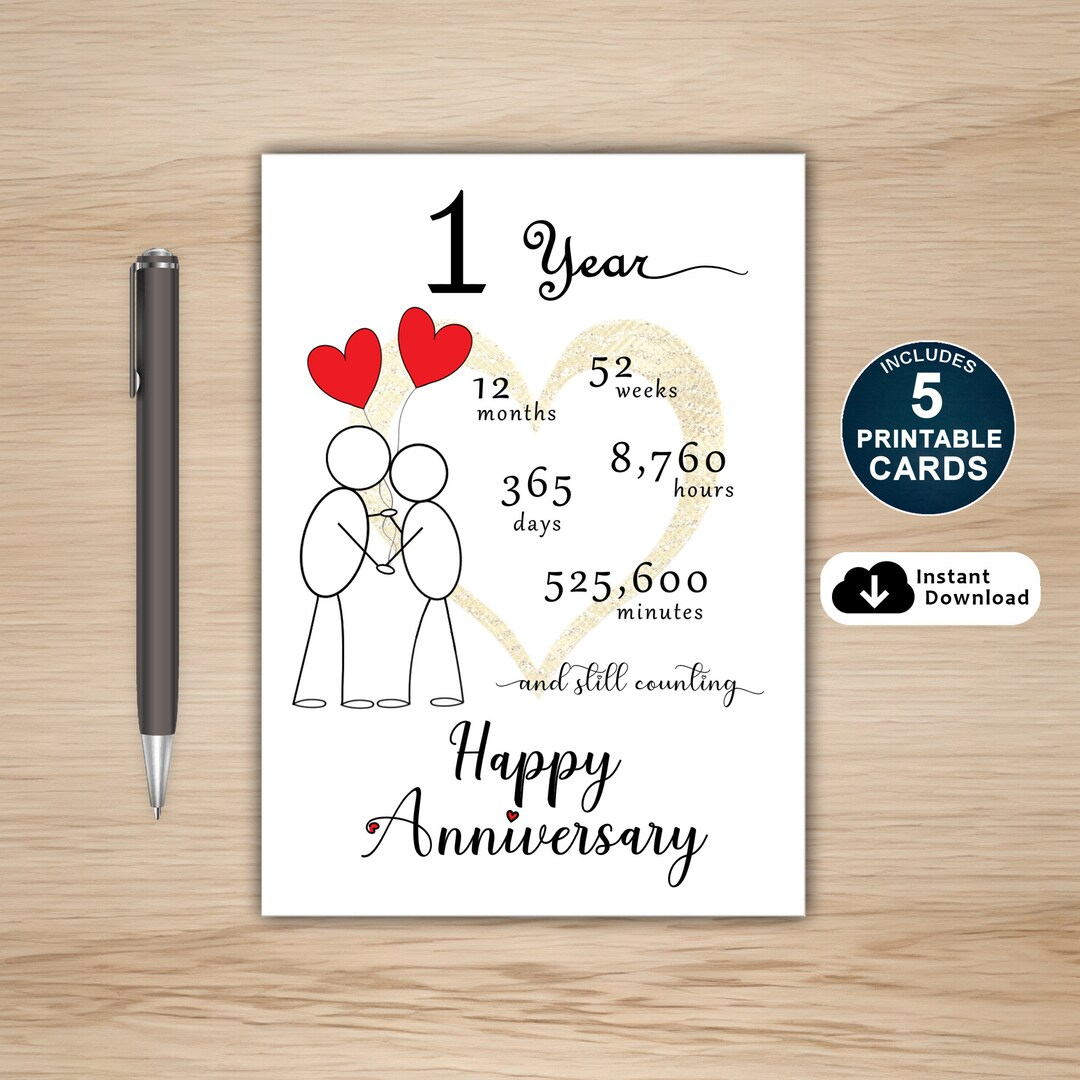 1St Anniversary Card, Printable, 5 Pdf Cards (5X7, 5.5X8.5, 4.25X5 for 1 Year Anniversary Card Printable