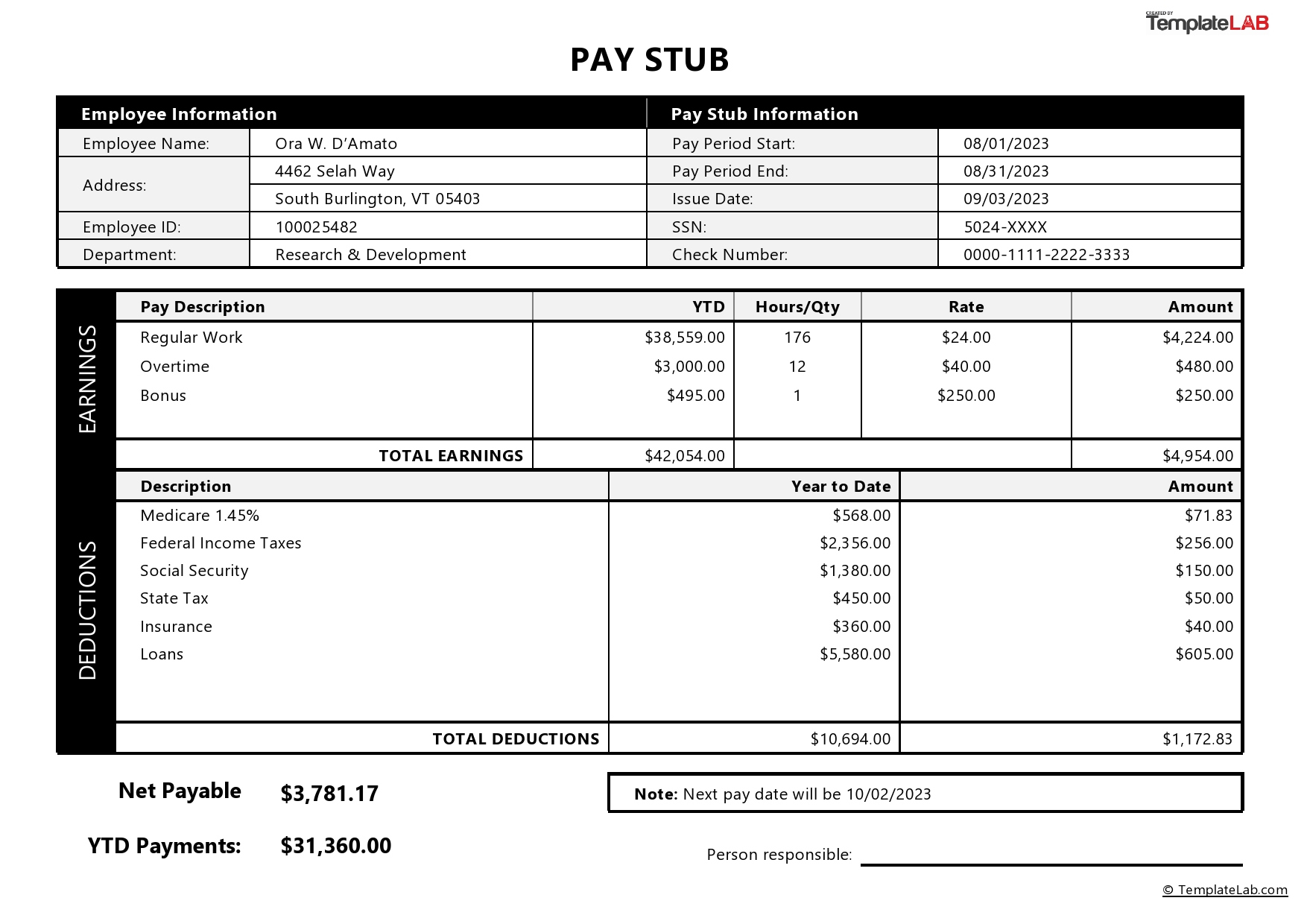 24 Free Pay Stub Templates [Word, Excel, Pdf] - Templatelab regarding Printable Pay Stub Template Free