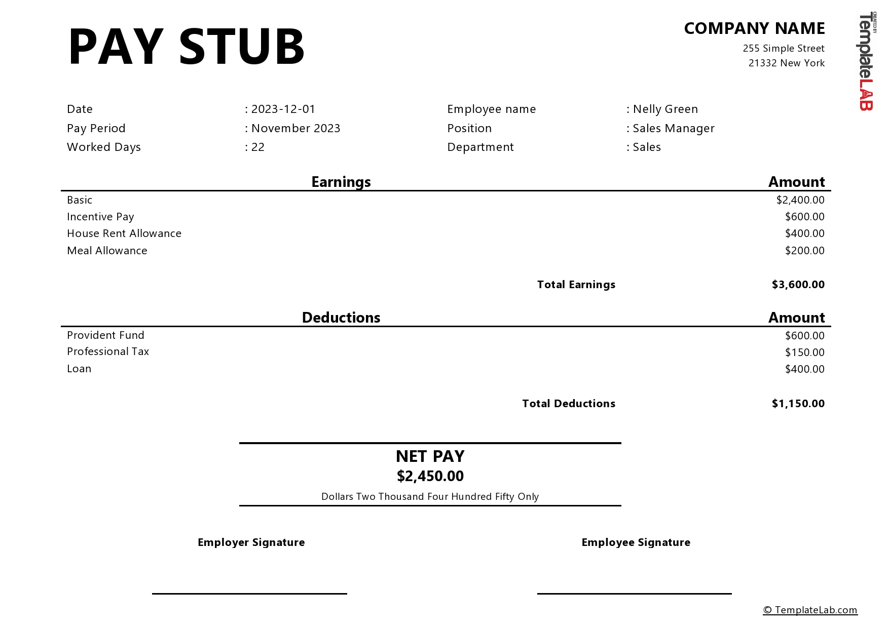 24 Free Pay Stub Templates [Word, Excel, Pdf] - Templatelab with regard to Free Printable Paycheck Stub Template
