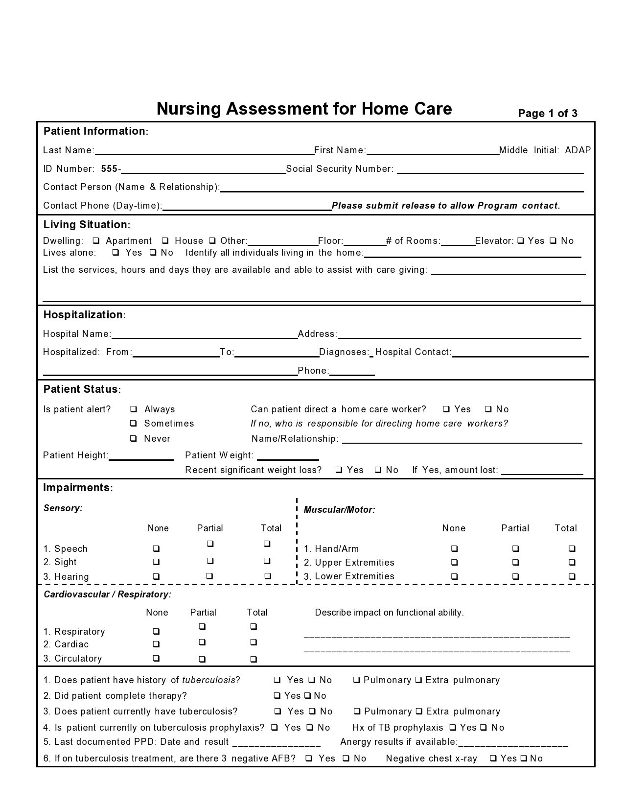 39 Printable Nursing Assessment Forms (+Examples) inside Free Printable Patient Assessment Forms