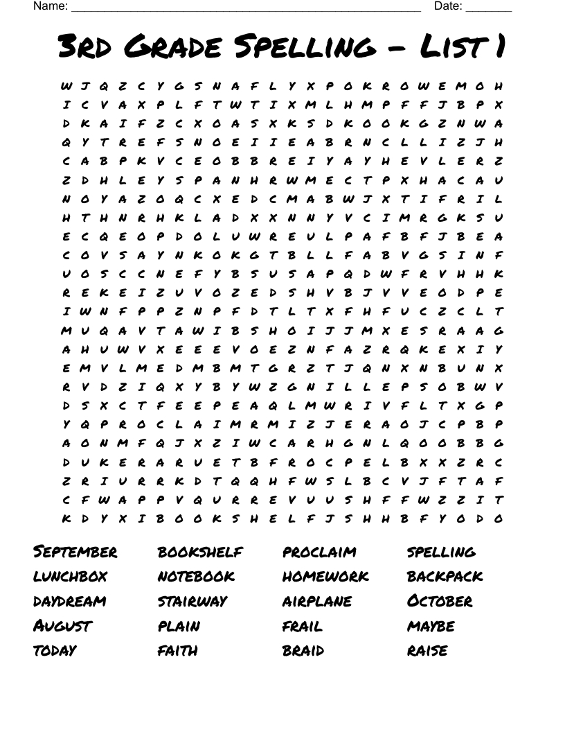 3Rd Grade Spelling - List 1 Word Search - Wordmint with Printable Word Searches For 3rd Graders