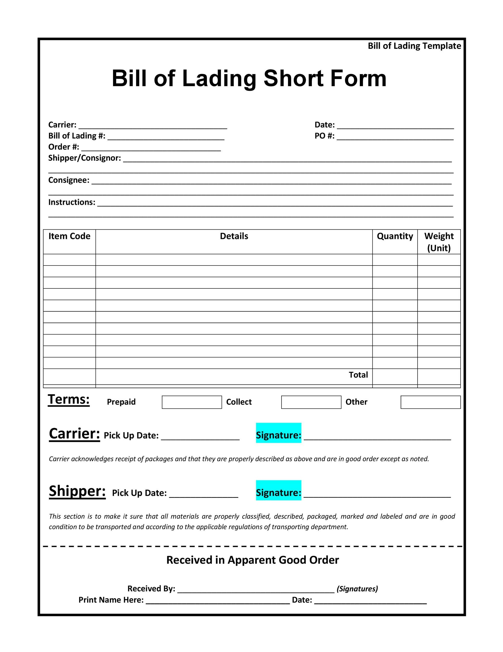 40 Free Bill Of Lading Forms & Templates ᐅ Templatelab for Bill of Lading Form Printable