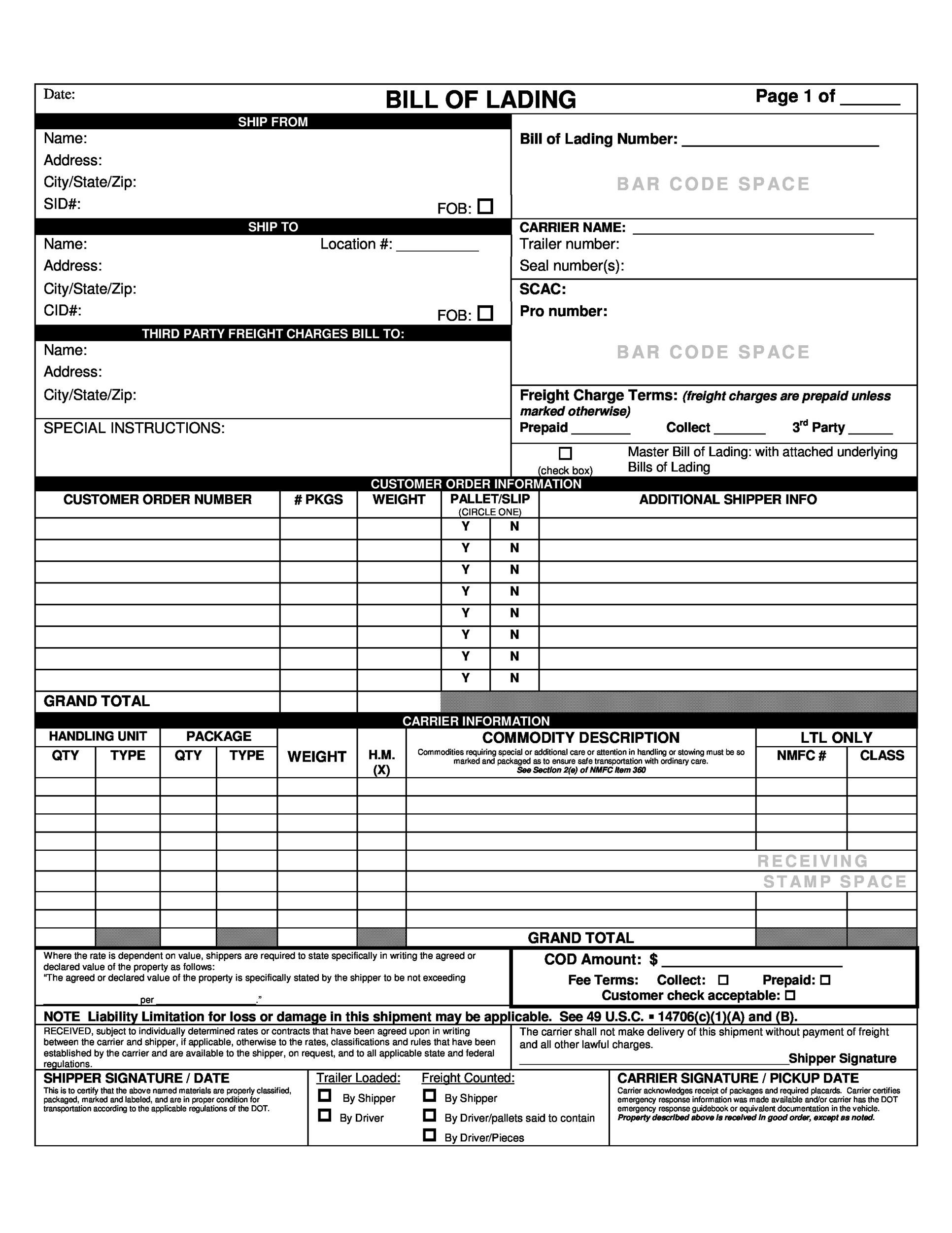 40 Free Bill Of Lading Forms & Templates ᐅ Templatelab pertaining to Bill Of Lading Form Printable