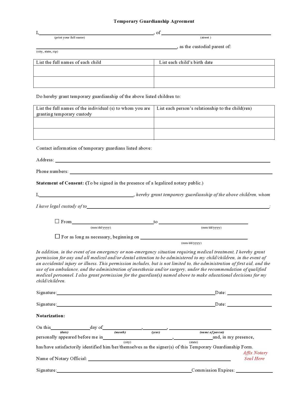 40 Printable Temporary Guardianship Forms [All States] for Notarized Printable Temporary Guardianship Agreement Form