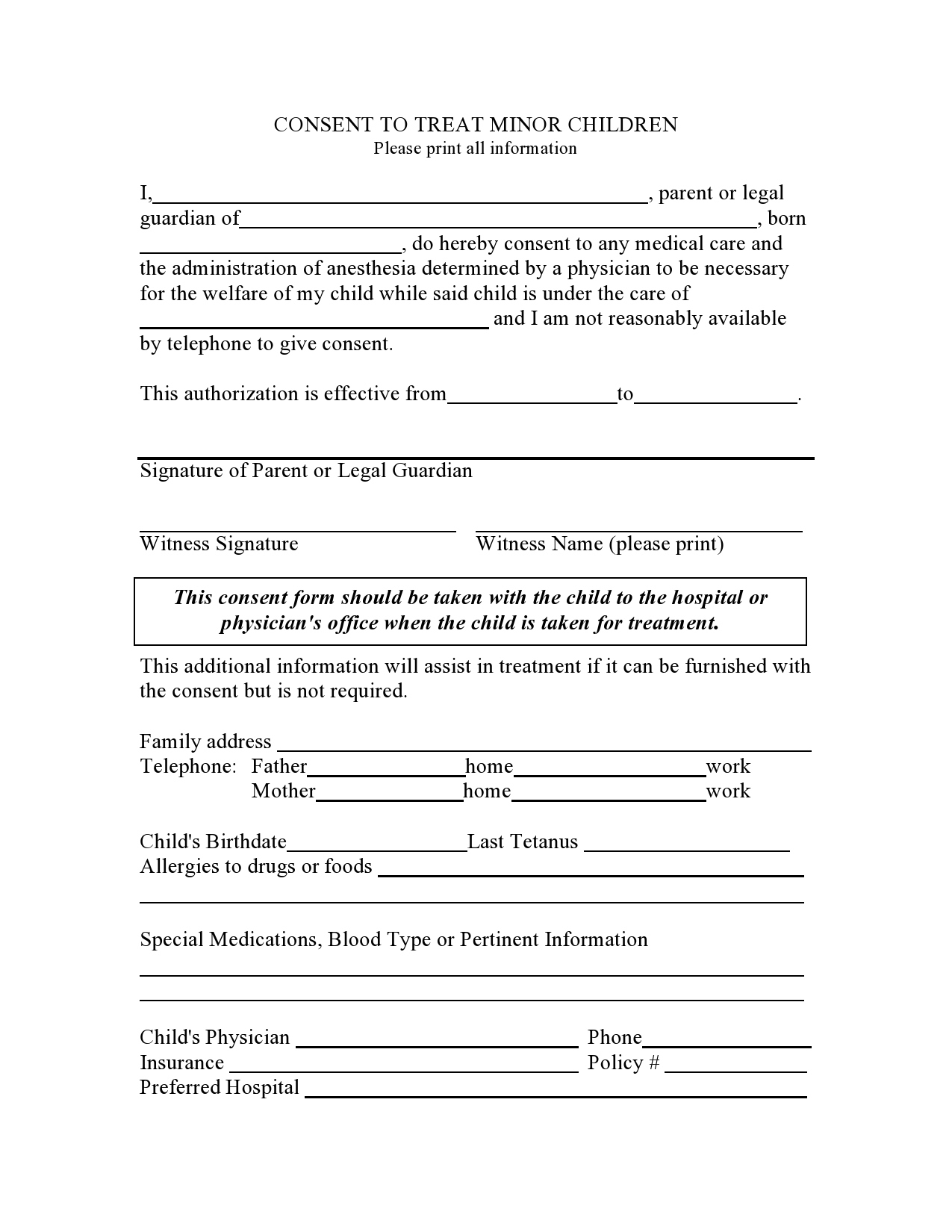 43 Printable Medical Consent Forms For Minor (Free) intended for Free Medical Consent Form Printable