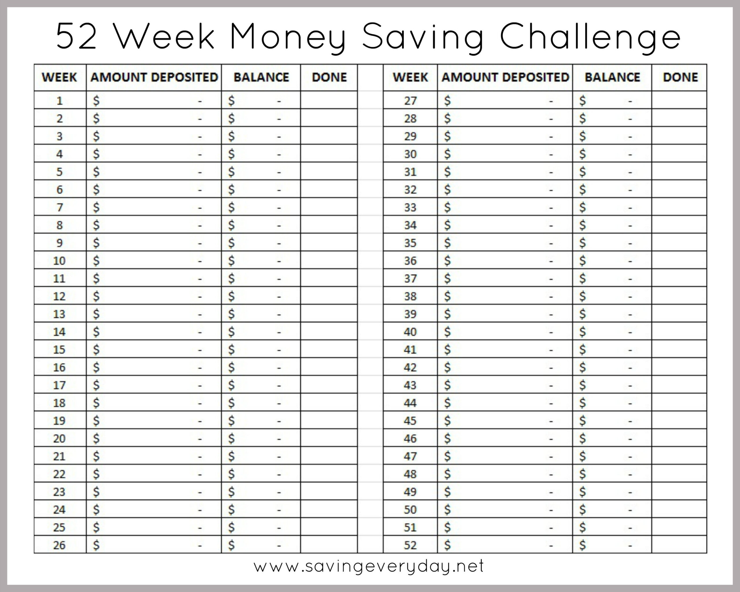 52 Week Money Saving Challenge + Printable Sheet within Blank 52 Week Money Challenge Printable