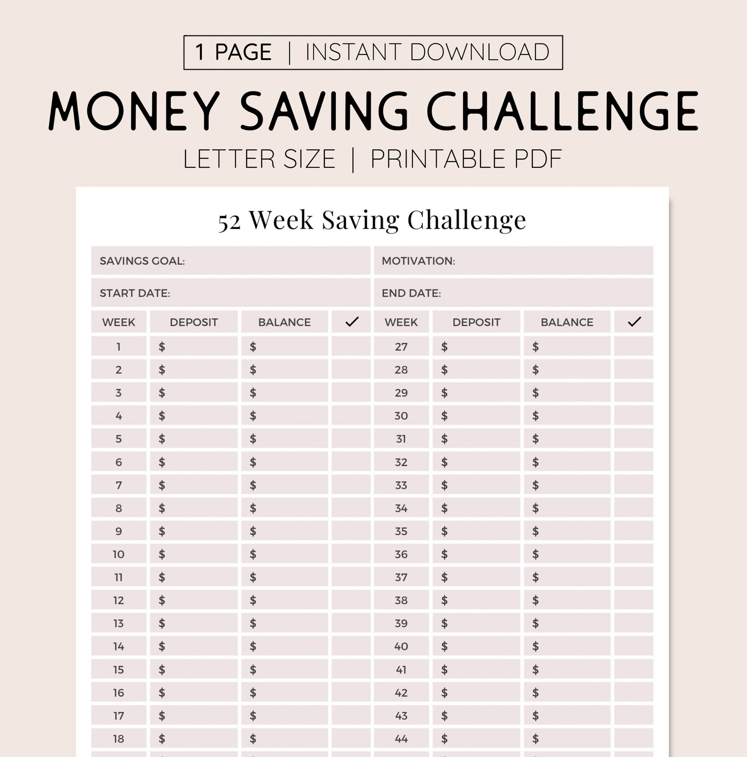 52 Woche Spar-Challenge Zum Ausdrucken: Jährlicher Ziel-Tracker with regard to Blank 52 Week Money Challenge Printable