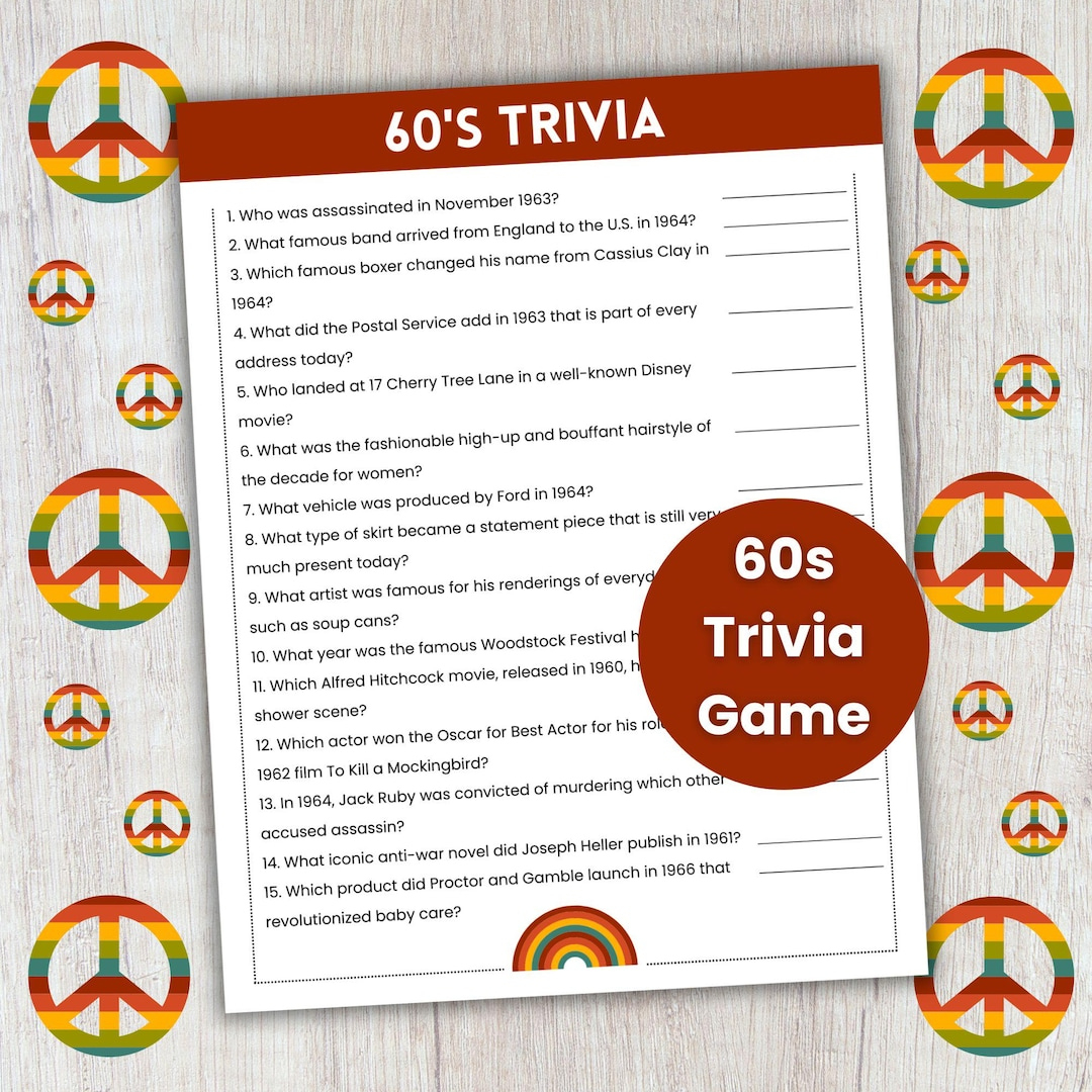 60S Trivia Game, 60S Theme Party Game, Decades Trivia, Team intended for 60S Trivia Questions And Answers Printable