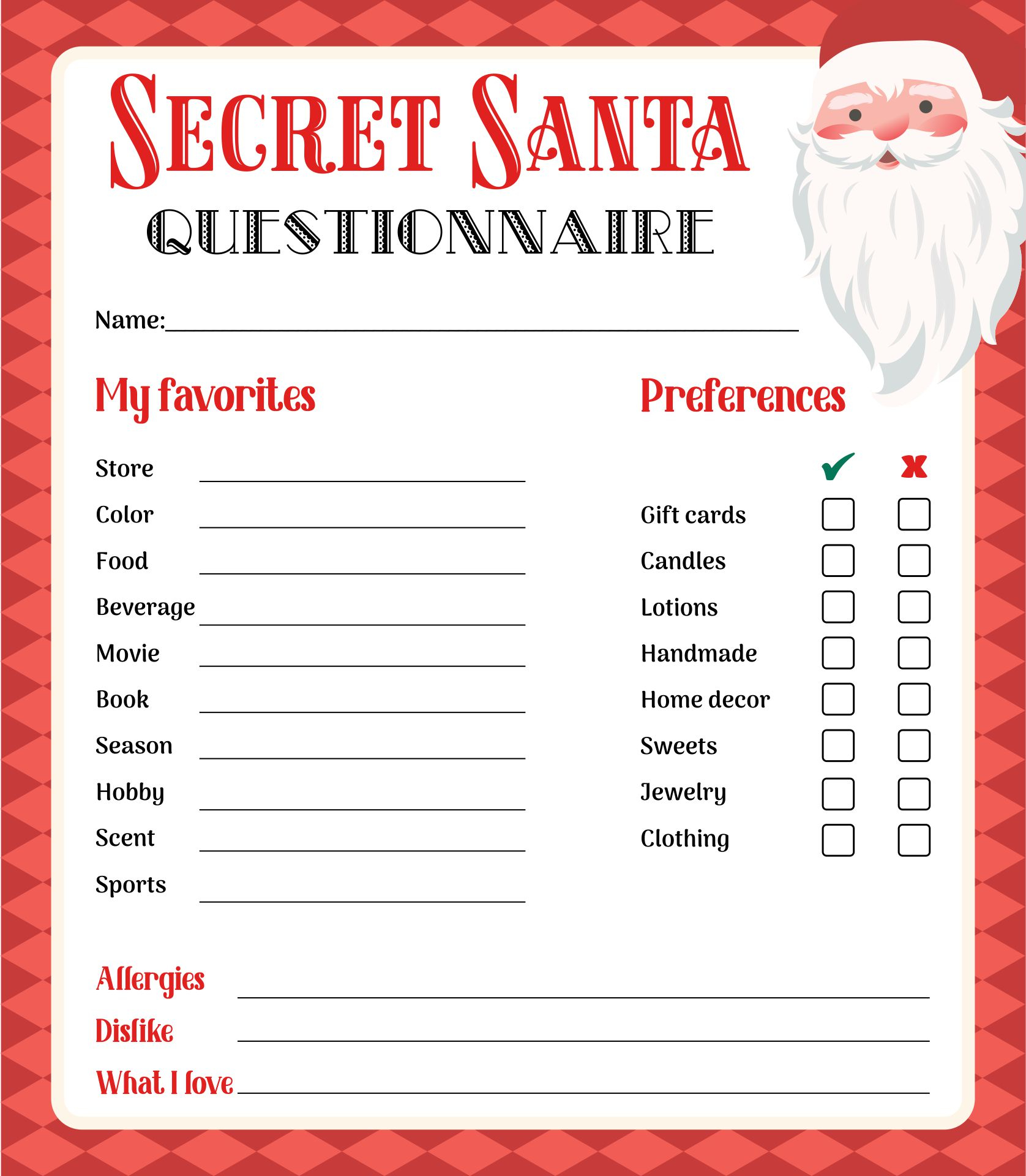 8 Christmas Ideas | Christmas Fun, Secret Santa Questionnaire throughout Christmas Secret Santa Wish List Printable Free