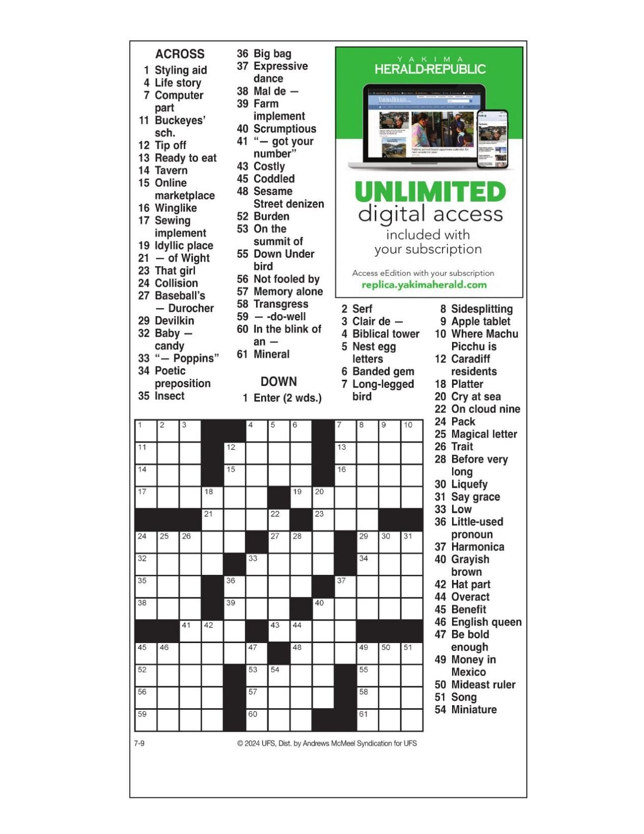 Am Crossword: July 9, 2024 | Crosswords | Yakimaherald for The Daily Commuter Crossword Puzzle Printable