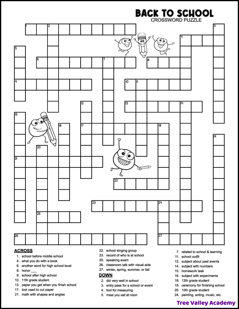 Back To School Crossword Middle School - Tree Valley Academy with regard to Best Free Printable Crossword Puzzles