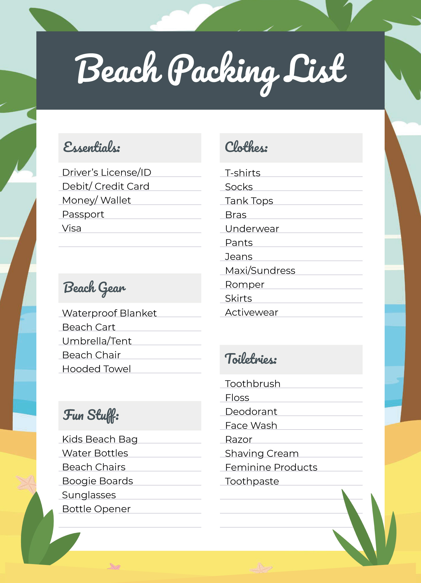 Beach Packing List Free Google Docs Template - Gdoc.io inside Beach Vacation Packing List Printable