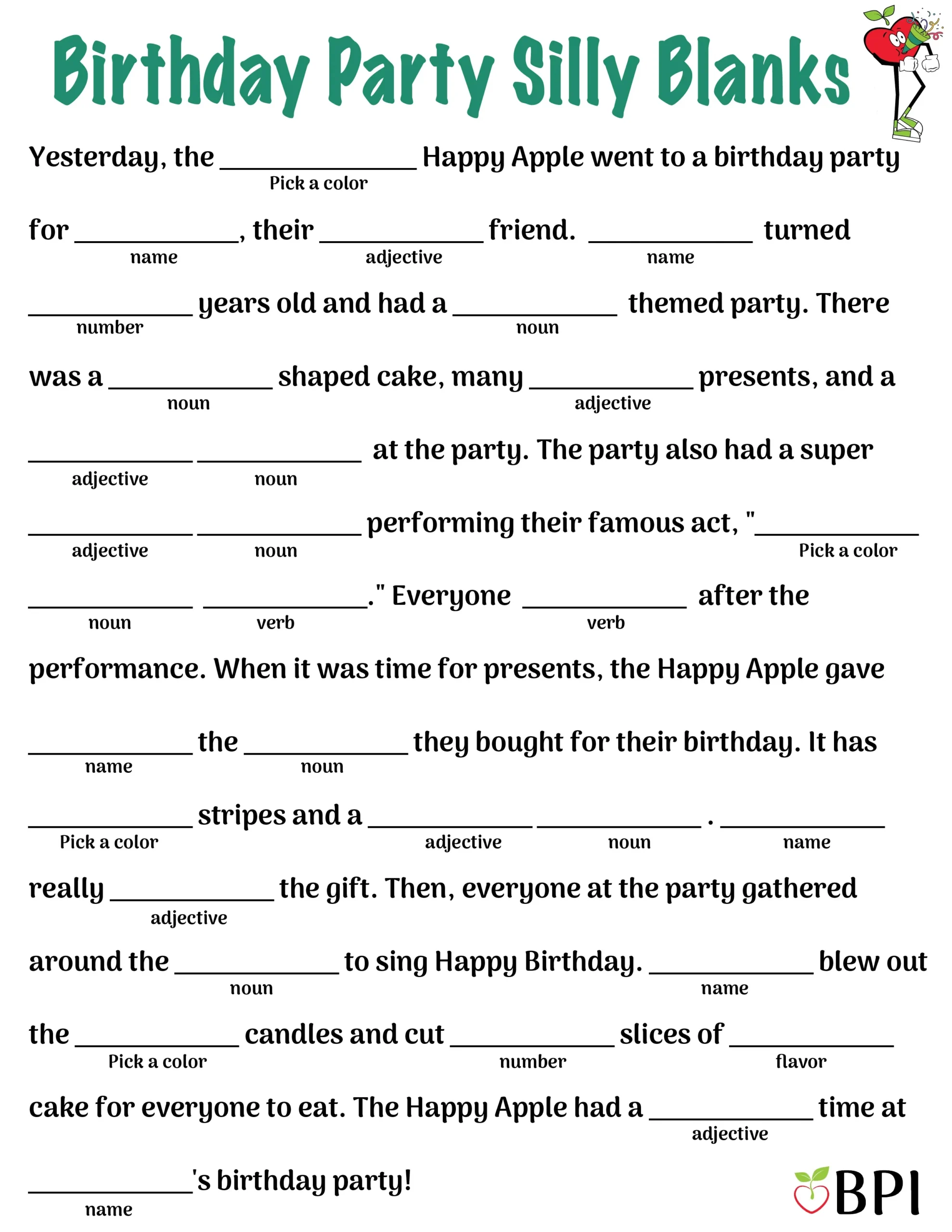 Birthday Party Silly Blanks intended for Free Printable Birthday Mad Libs