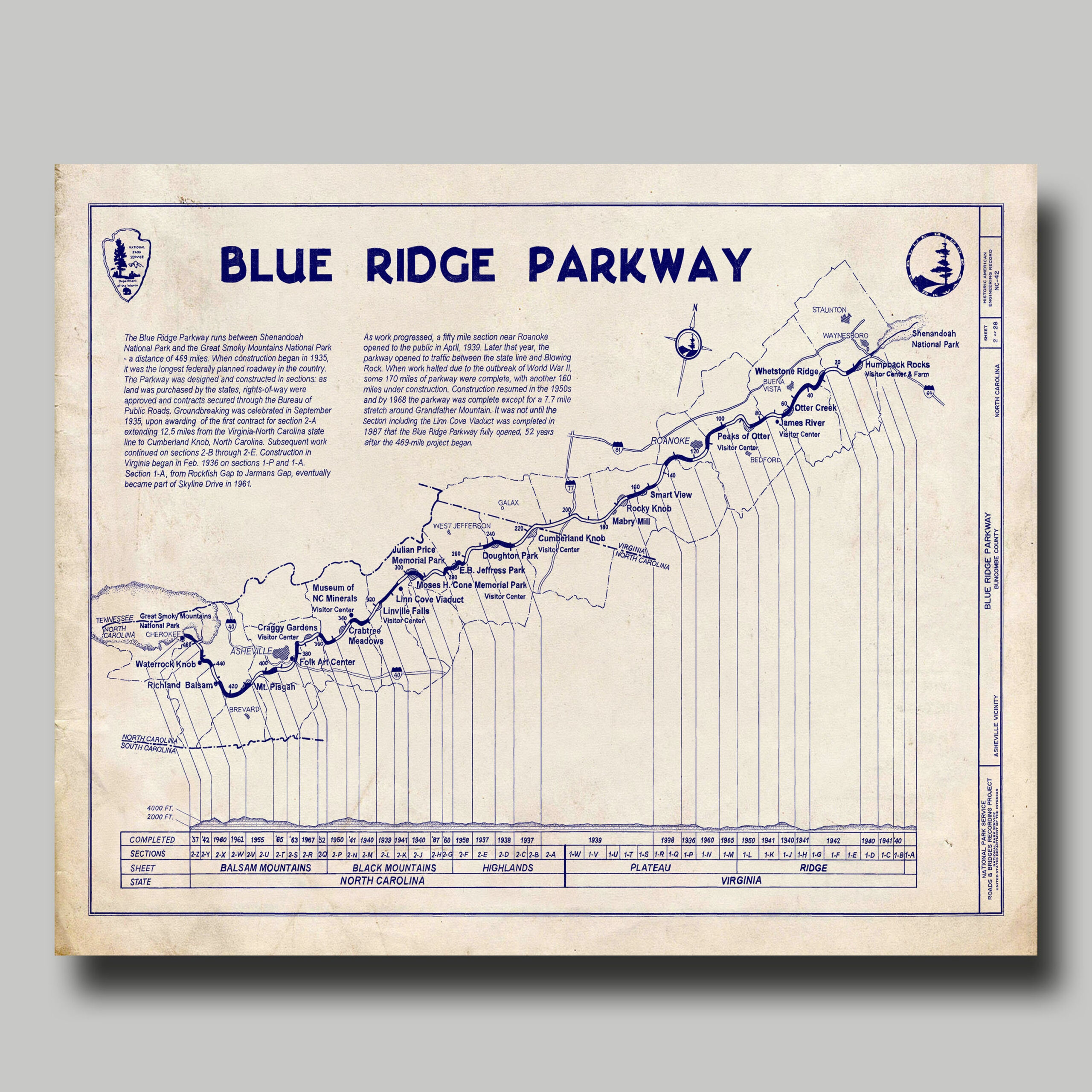Blue Ridge Parkway - Mountains - Blueprint - Highway - Map - Print with Blue Ridge Parkway Printable Map