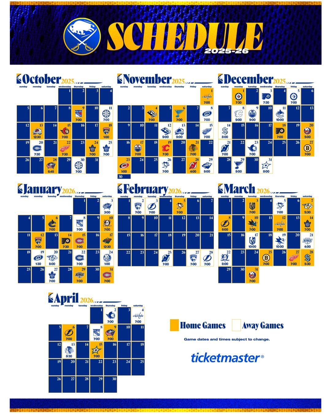 Buffalo Sabres 2025-2026 Full Schedule : R/Sabres throughout Buffalo Sabres Home Schedule Printable