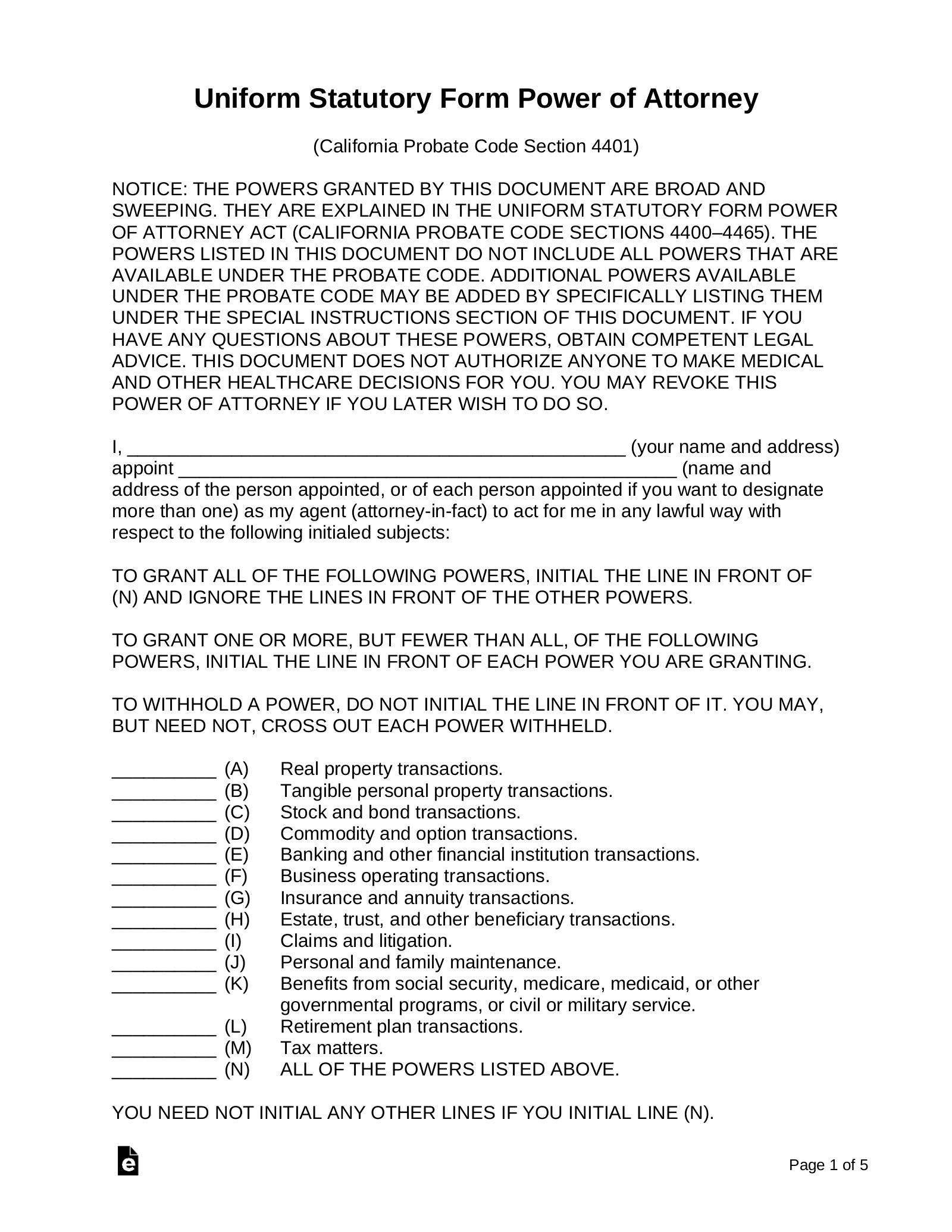 California Power Of Attorney Forms (10 Types) – Eforms pertaining to Printable Power Of Attorney California