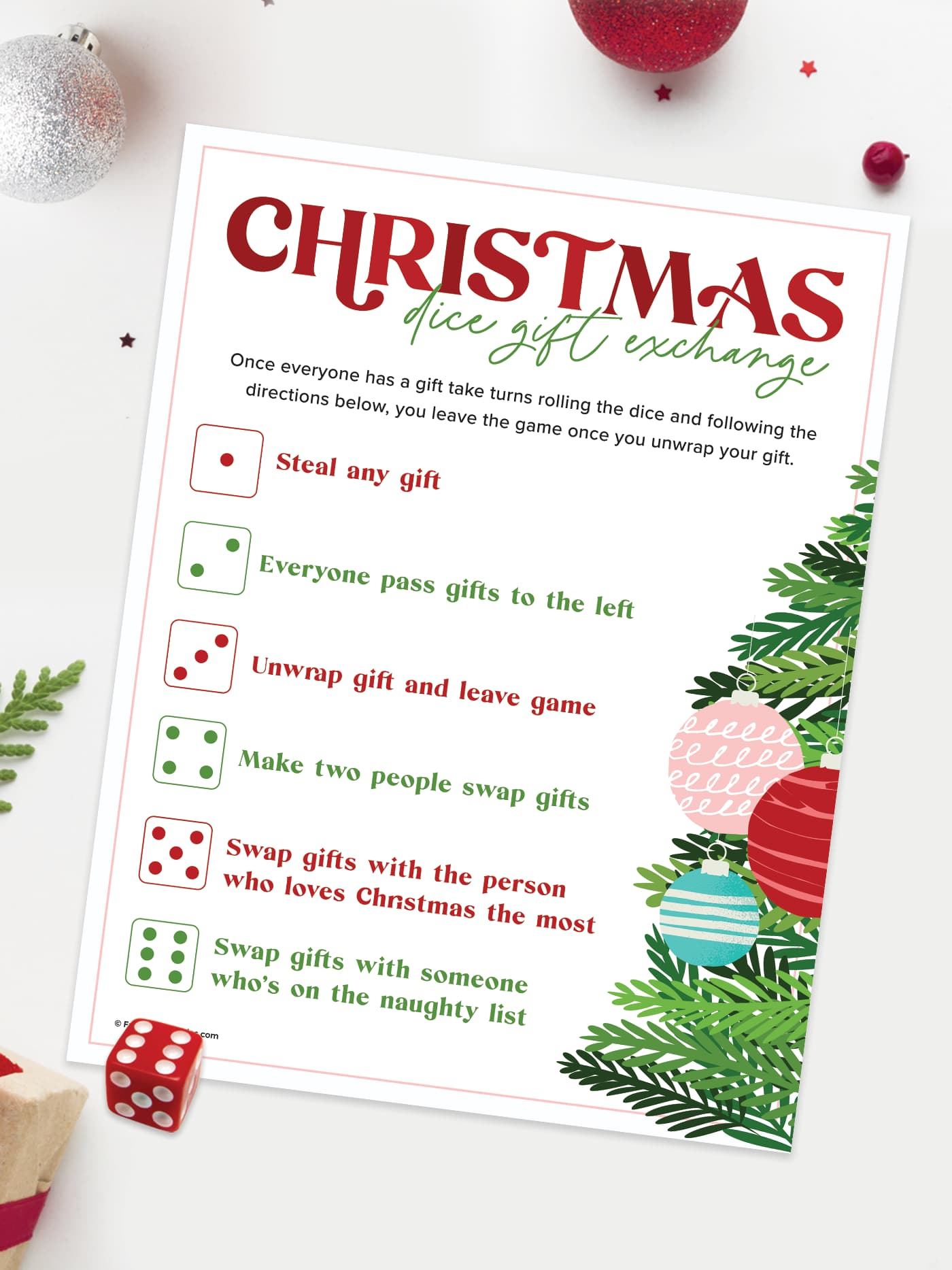 Christmas Dice Game, Free Printable For Gift Exchange! - Favorite inside Dirty Santa Dice Game Rules Printable
