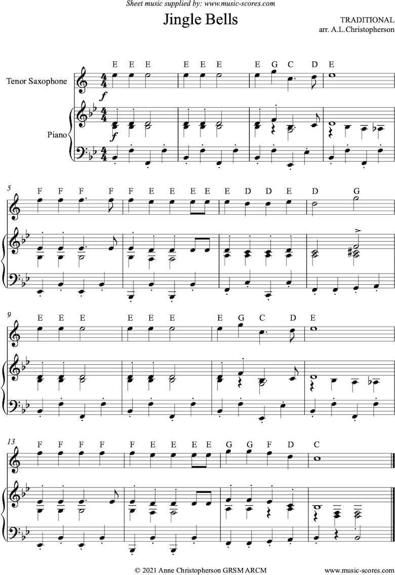 Christmas: Jingle Bells Easy Tenor Sax Classical Sheet Music with Tenor Sax Sheet Music Free Printable