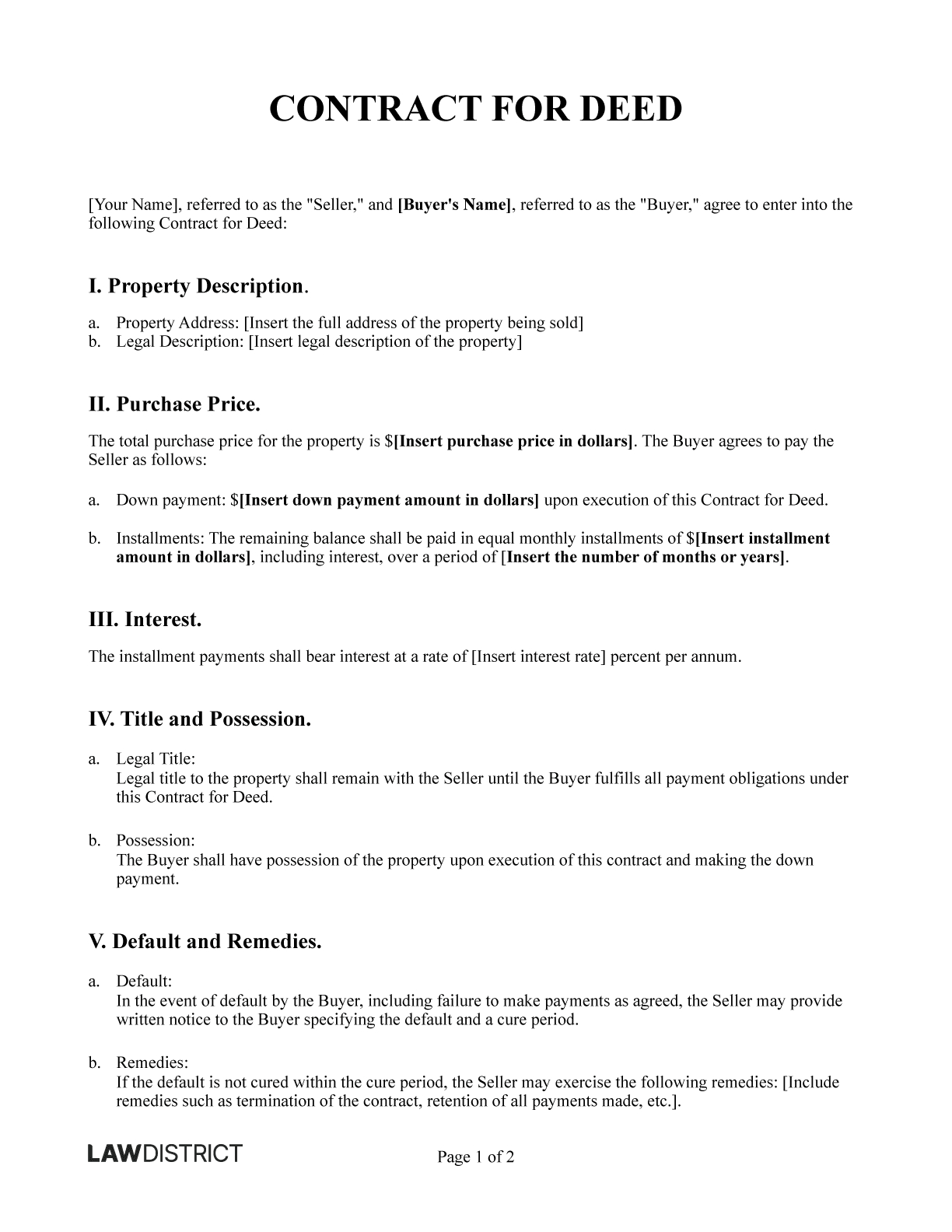 Contract For Deed - Land Contract Template | Lawdistrict for Free Printable Contract For Deed Template