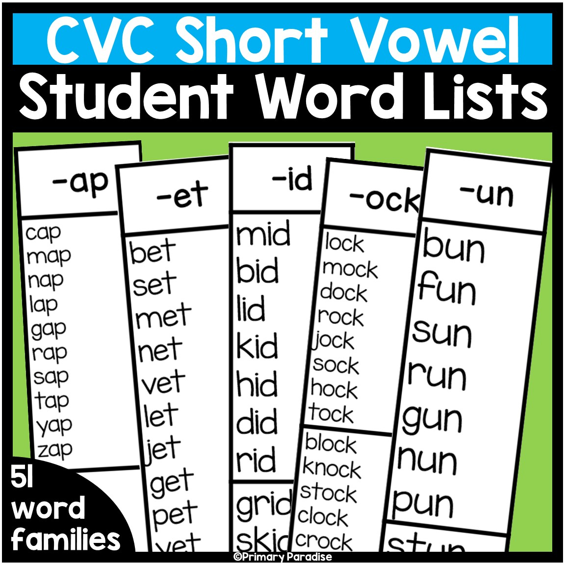 Cvc Word Lists For Students: Printable Short Vowel Word Family Bookmarks with regard to Printable List Of Cvc Words