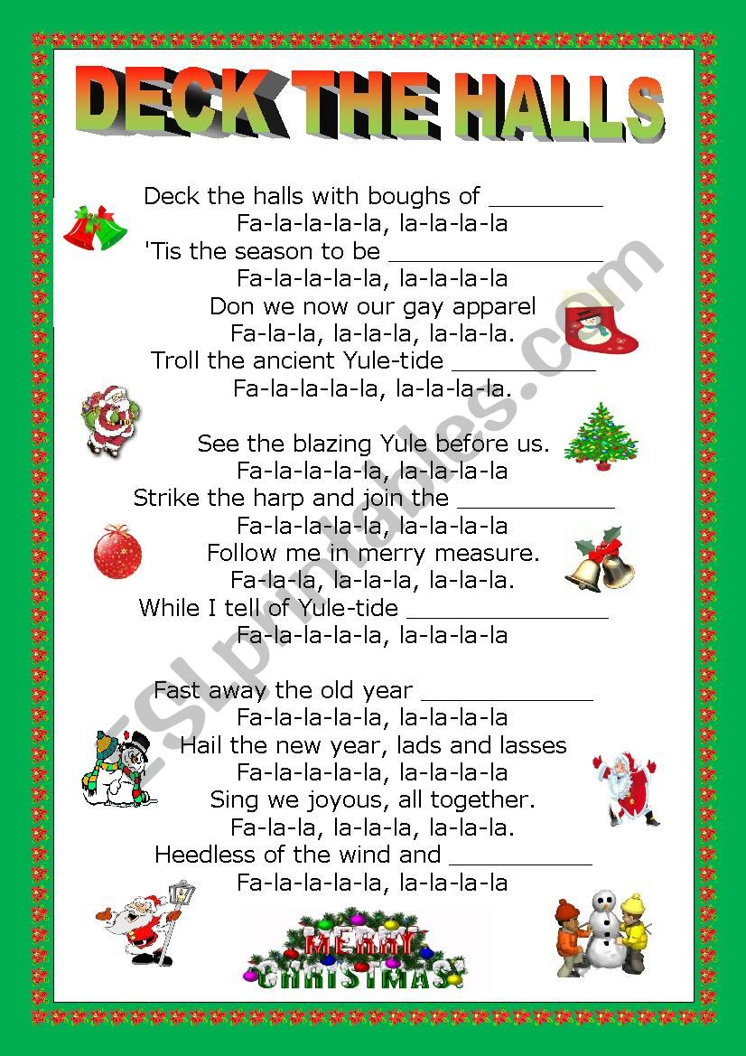 Deck The Halls + Key. Christmas Carol - Esl Worksheet throughout Deck The Halls Words Printable