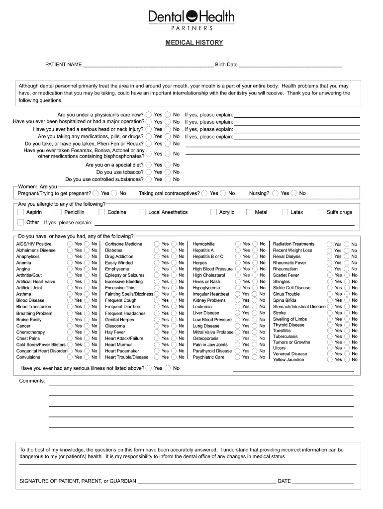 Dental Health Medical History Form - Fill Online, Printable for Free Printable New Patient Dental Forms