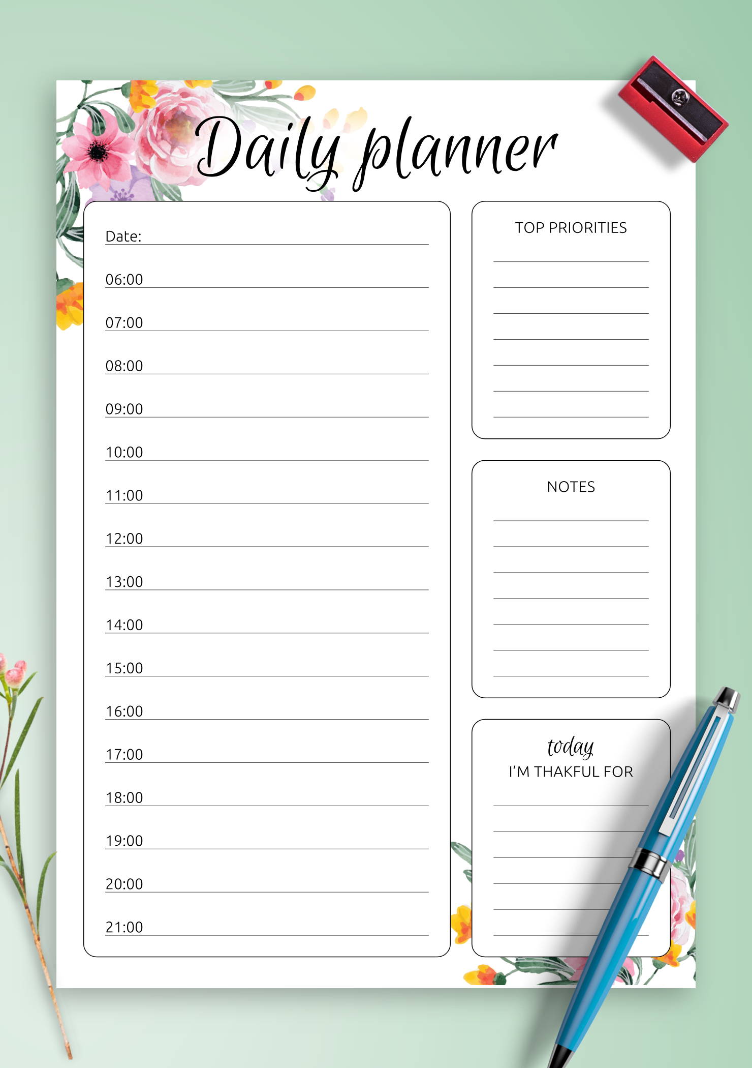 Download Printable Daily Hourly Planner With Flowers Pdf pertaining to Free Printable Daily Hourly Planner