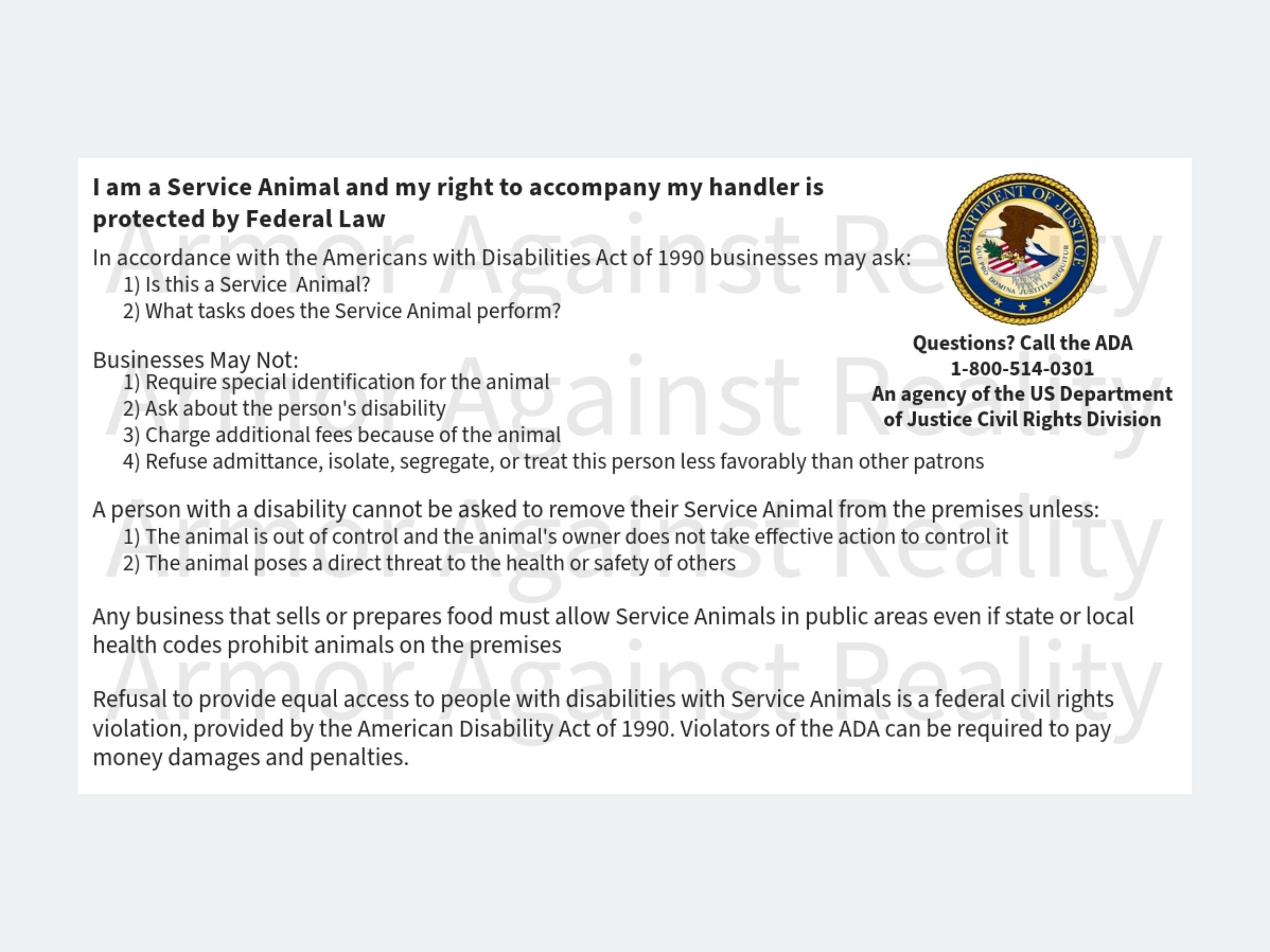 Druckbare Ada Service Dog Rechte Informationskarte - Etsy.de regarding Printable Ada Service Dog Card