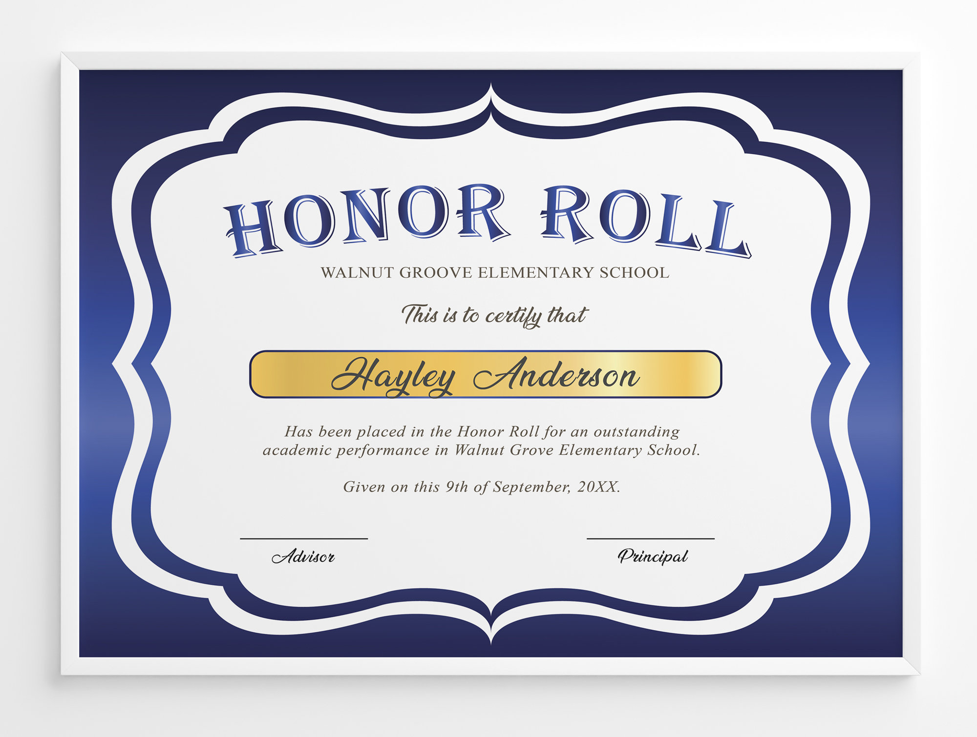 Editable Honor Roll Certificate Template, Royal Blue School Award with Free Printable a Honor Roll Certificates
