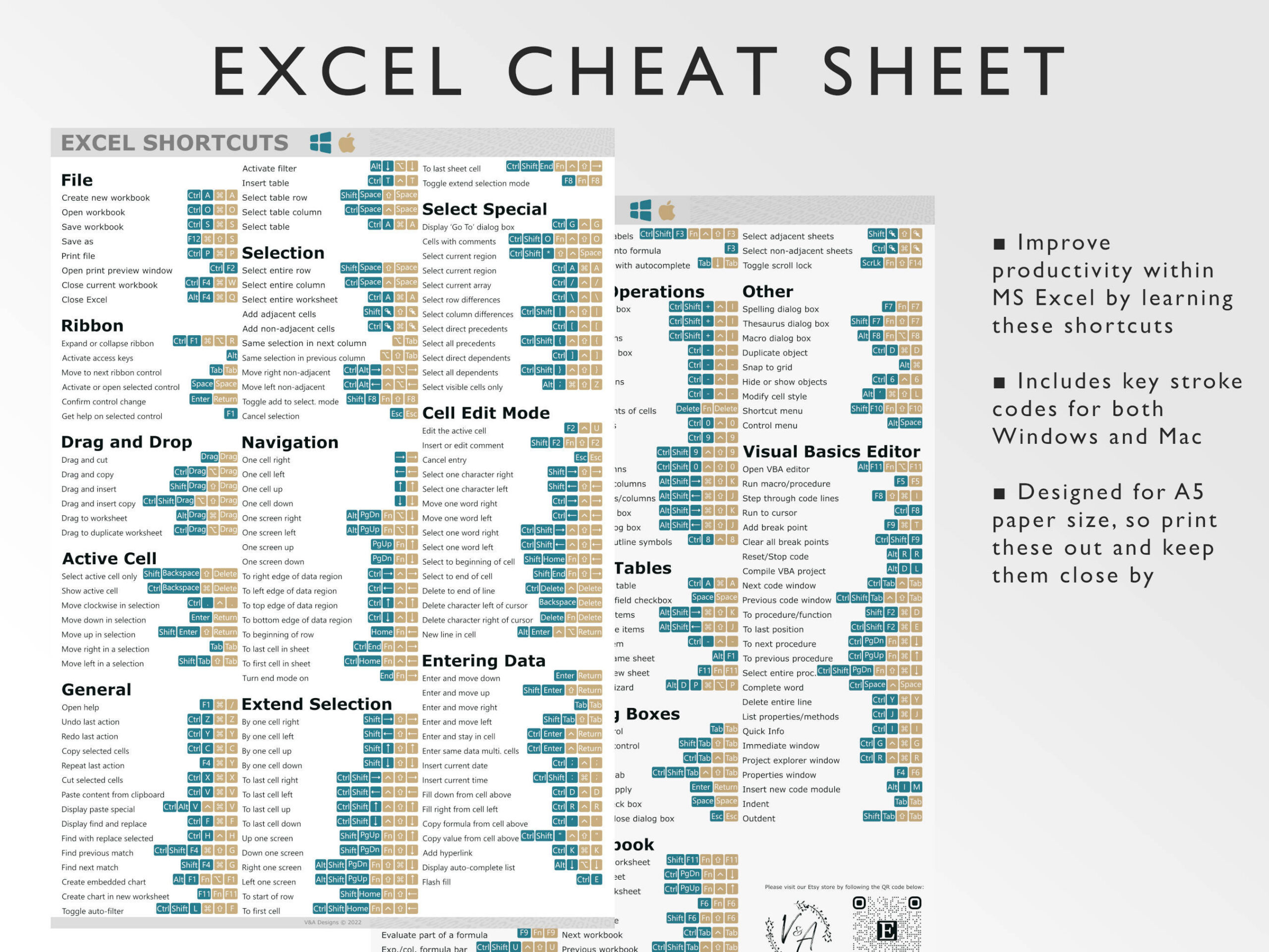 Excel-Shortcuts-Spickzettel | Windows & Mac (Pdf) - Etsy.de in Free Printable Excel Shortcuts Cheat Sheet