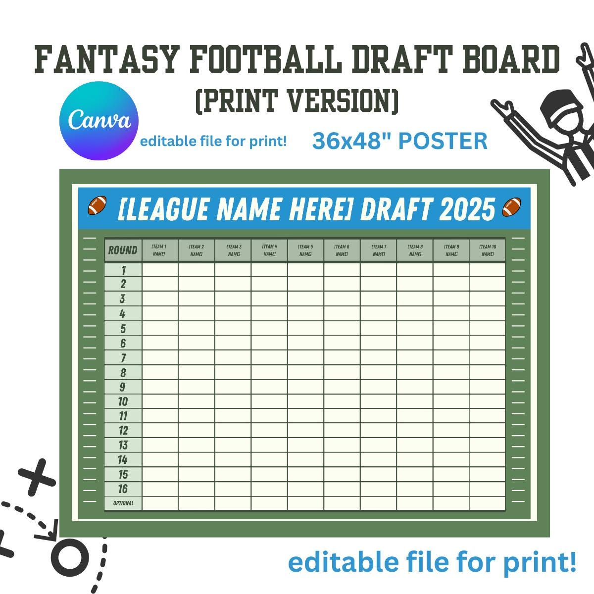 Fantasy Football Draft Board 2025 (10 Team) - Bearbeitbares Canva with Printable Fantasy Football Draft Board