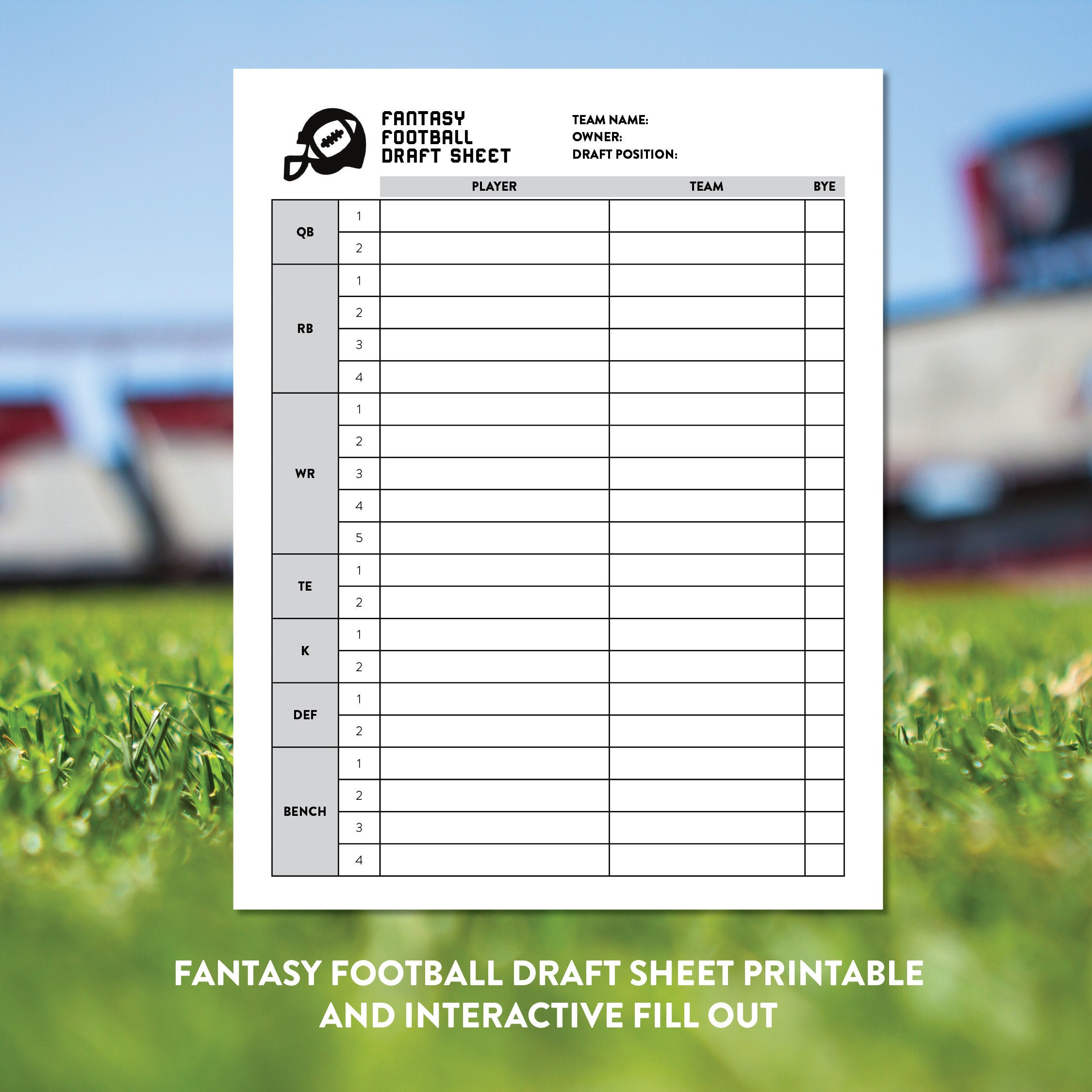 Fantasy Football Roster Sheet - Etsy Uk for Fantasy Football Roster Sheets Printable