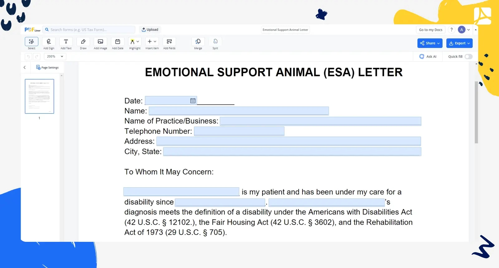 Fillable Emotional Support Animal Letter - Pdfliner for Fillable Blank Printable Free Emotional Support Animal Letter