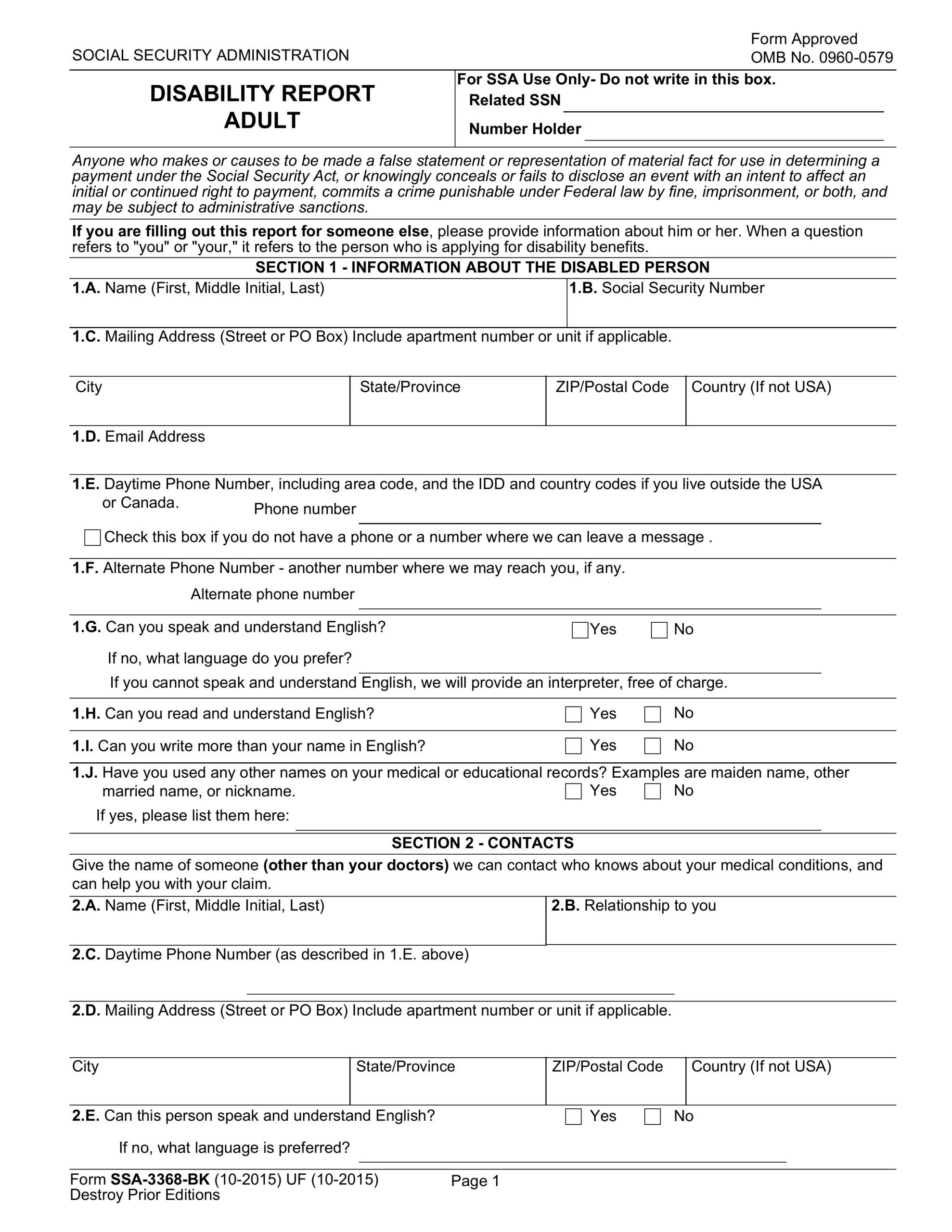 Form Ssa-3368 Guide - Fill Out &amp;amp; Download Now - Pdf Guru in Social Security Disability Forms Printable