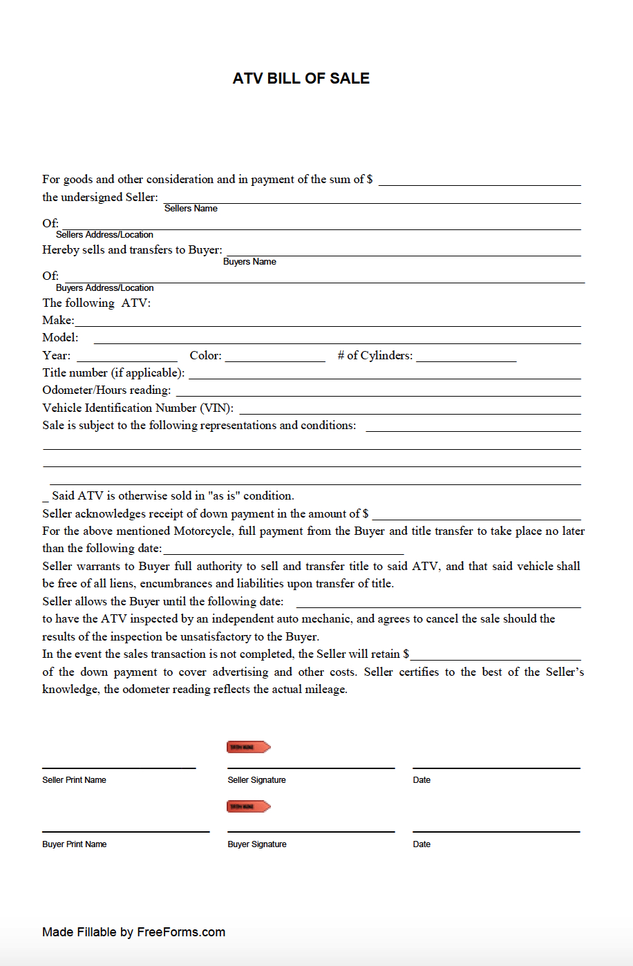 Free All-Terrain Vehicle (Atv) Bill Of Sale Form | Pdf for Printable Bill of Sale For Atv