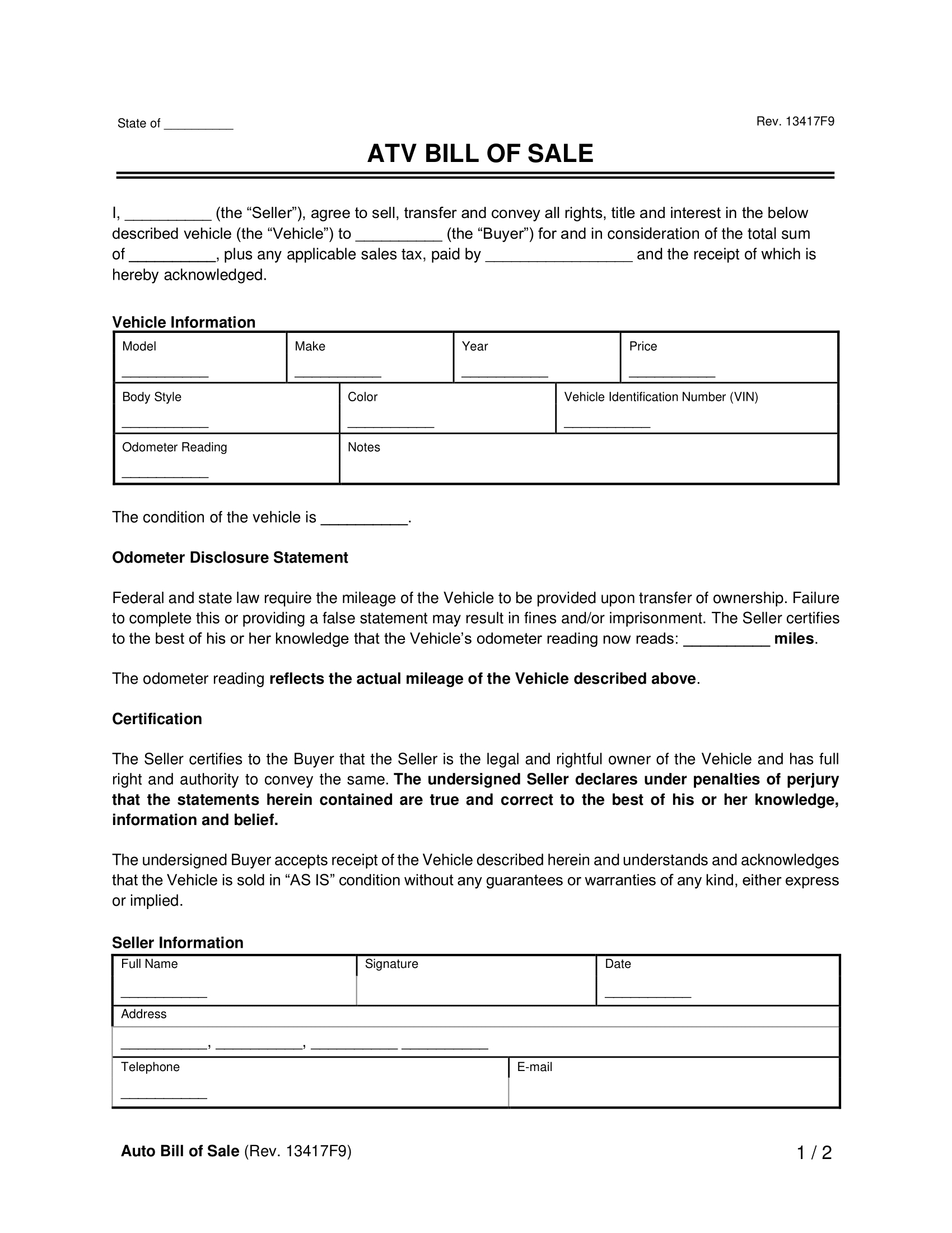Free All-Terrain Vehicle (Atv) Bill Of Sale Form| Pdf & Word in Printable Bill of Sale For Atv