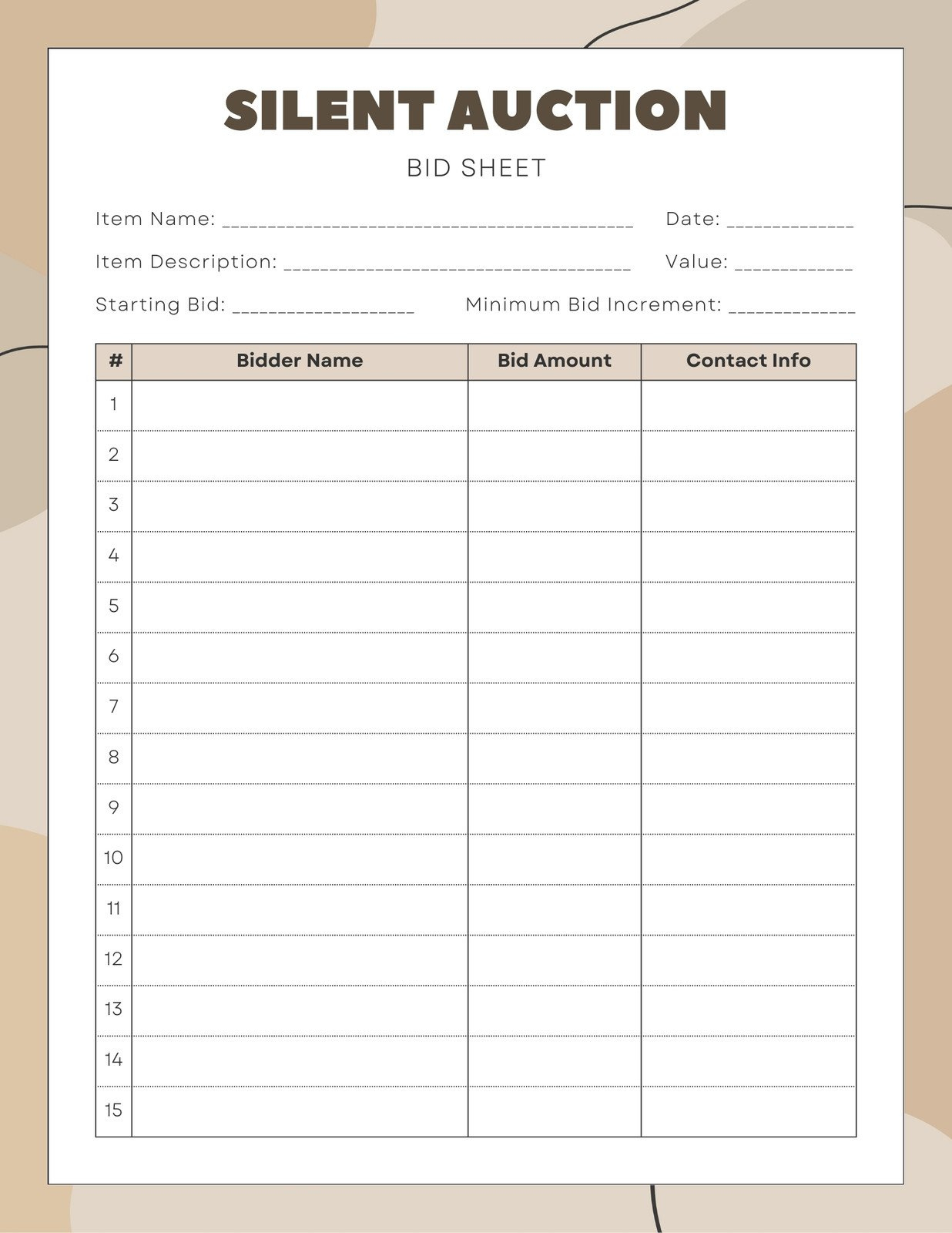 Free And Customizable Auction Templates for Silent Auction Bid Sheet Printable Free Download