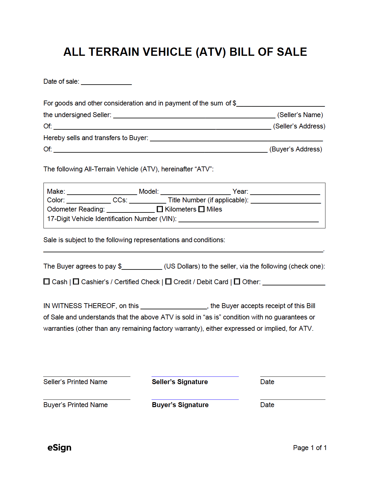 Free Atv Bill Of Sale Form | Pdf | Word throughout Printable Bill of Sale For Atv