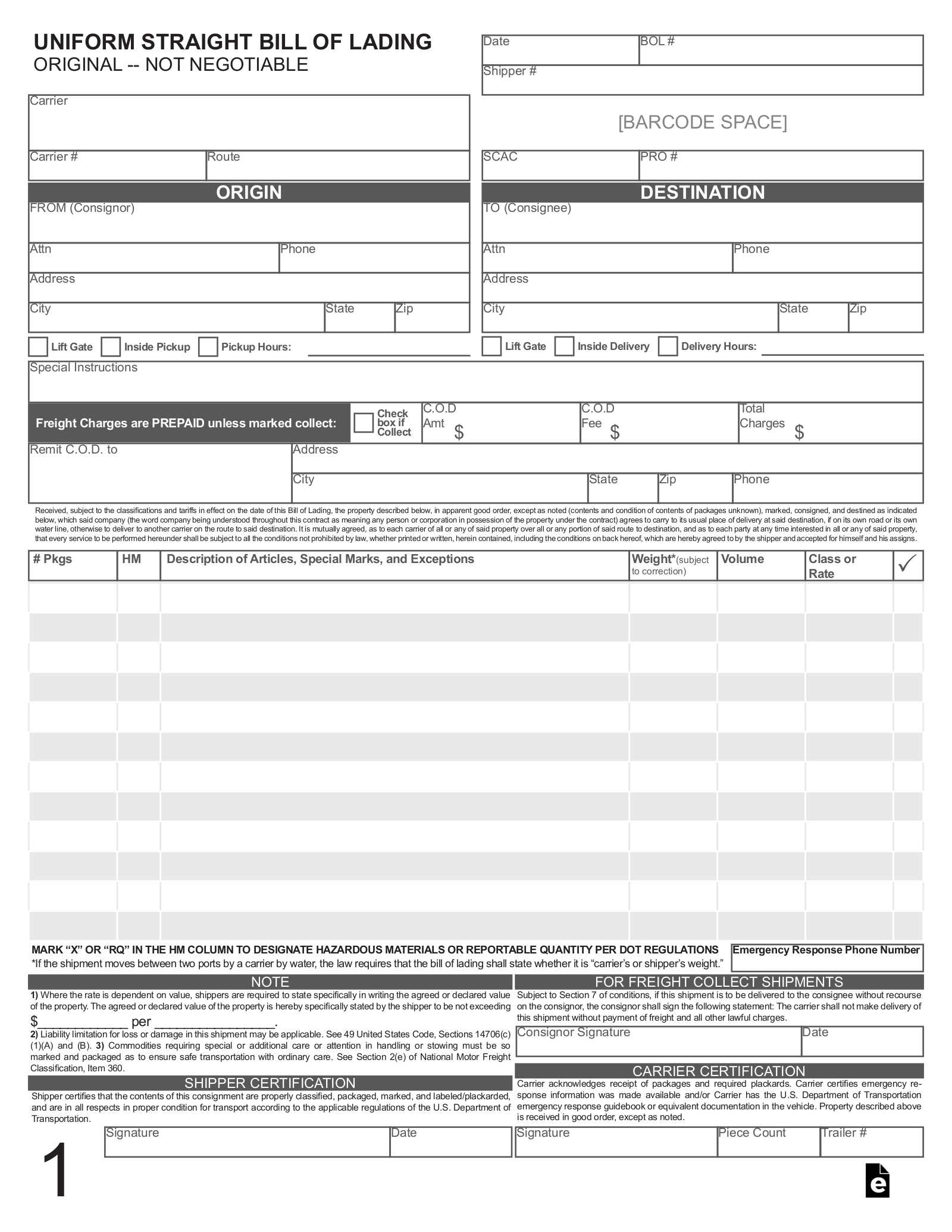 Free Bill Of Lading (Bol) - Pdf – Eforms with regard to Bill of Lading Form Printable