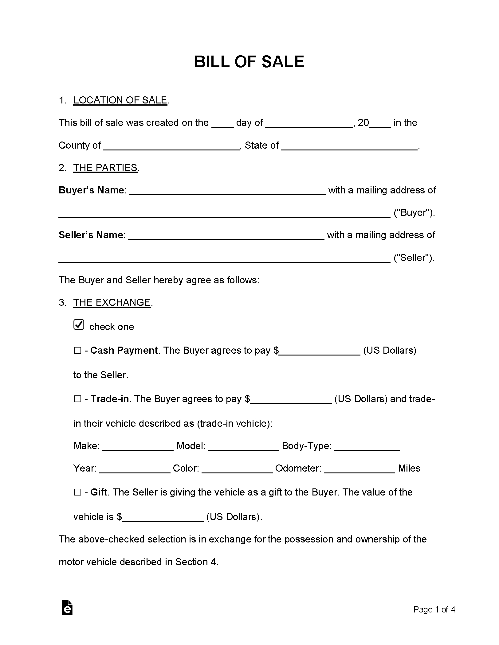Free Bill Of Sale Forms (24) - Pdf | Word – Eforms intended for Generic Bill Of Sale Printable