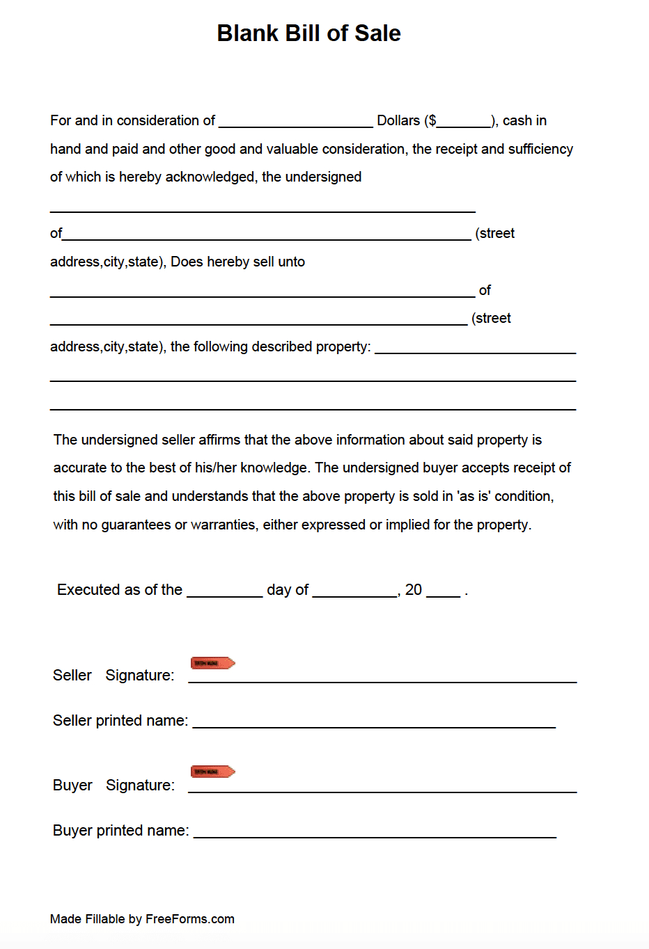 Free Blank Bill Of Sale Form | Pdf inside Generic Bill Of Sale Printable