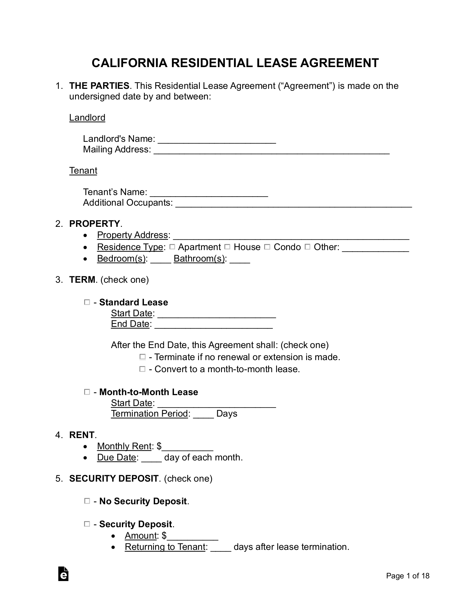 Free California Lease Agreement Templates (6) - Pdf | Word – Eforms intended for Free Printable California Residential Lease Agreement