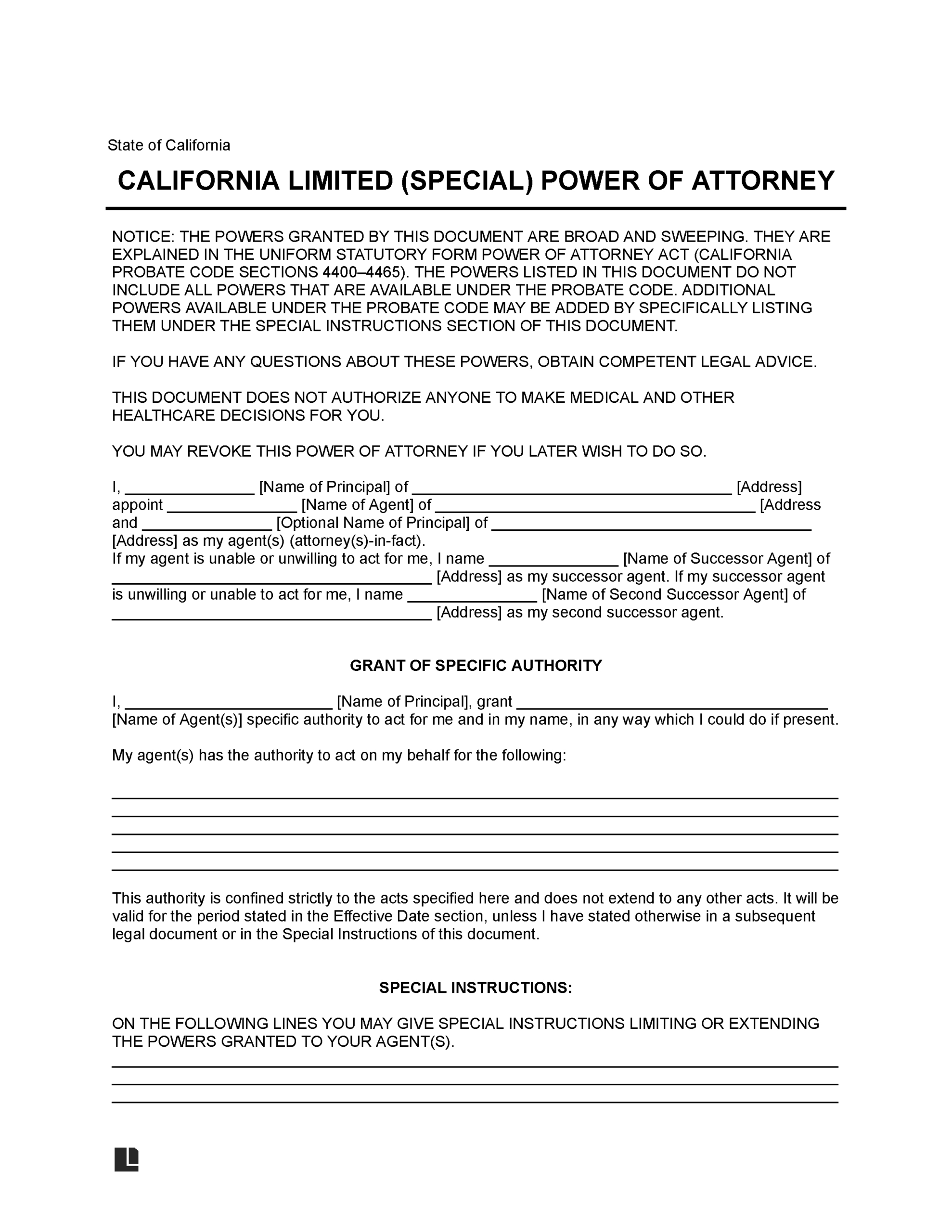 Free California Limited Power Of Attorney Form | Pdf & Word inside Printable Power of Attorney California