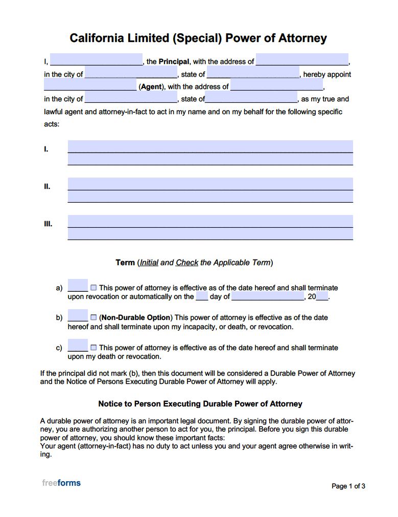 Free California Limited (Special) Power Of Attorney Form | Pdf | Word in Printable Power Of Attorney Form California