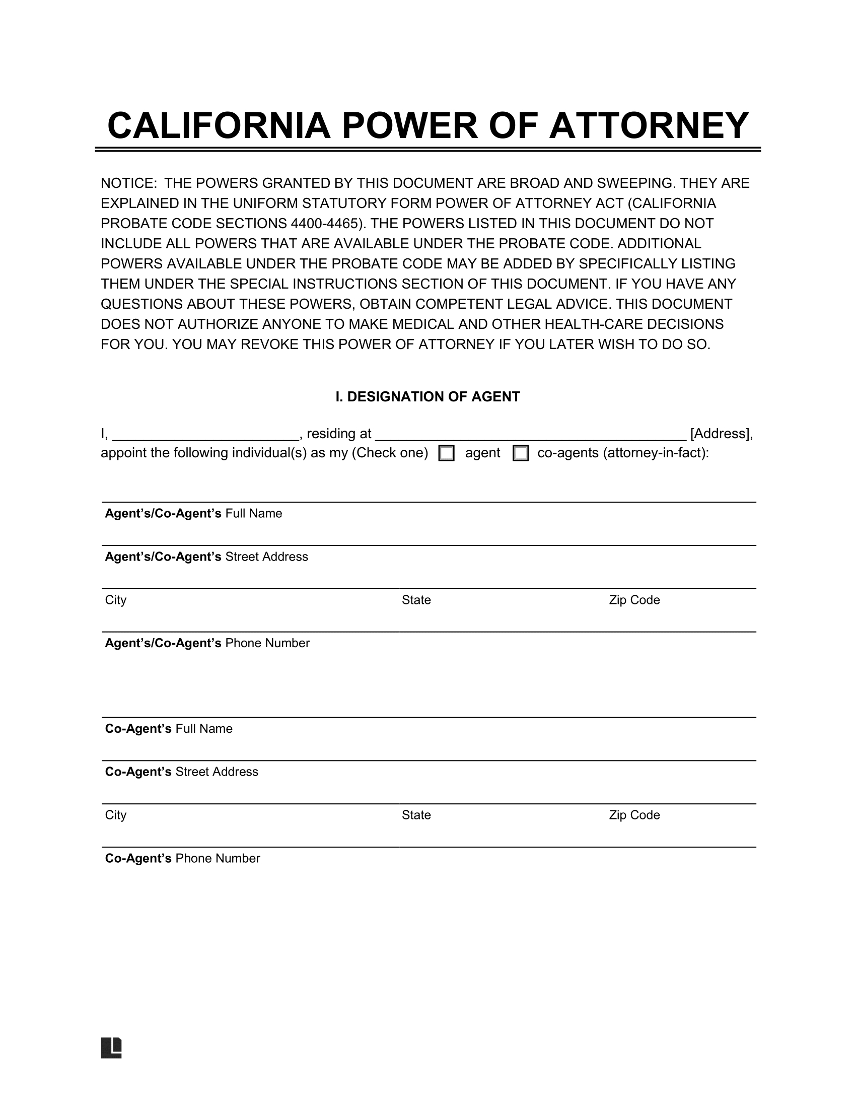 Free California Power Of Attorney Forms | Pdf &amp; Word throughout Printable Power Of Attorney California