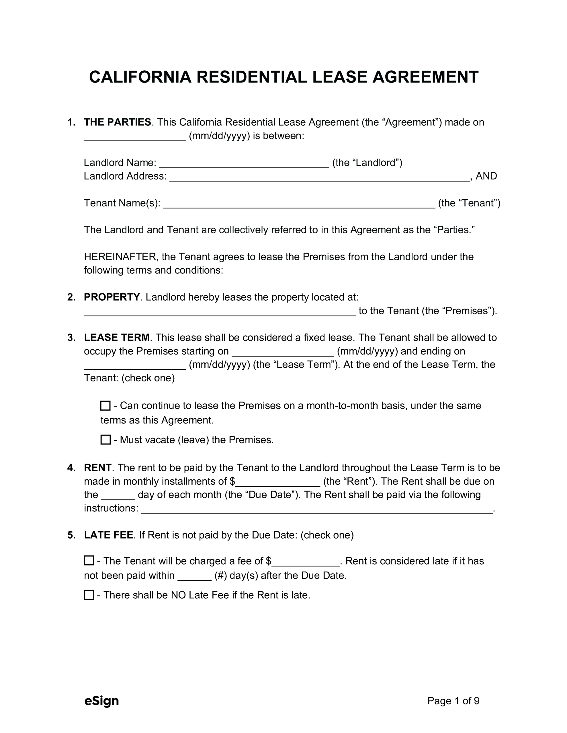 Free California Rental Lease Agreement Templates (6) | Pdf for Free Printable California Residential Lease Agreement