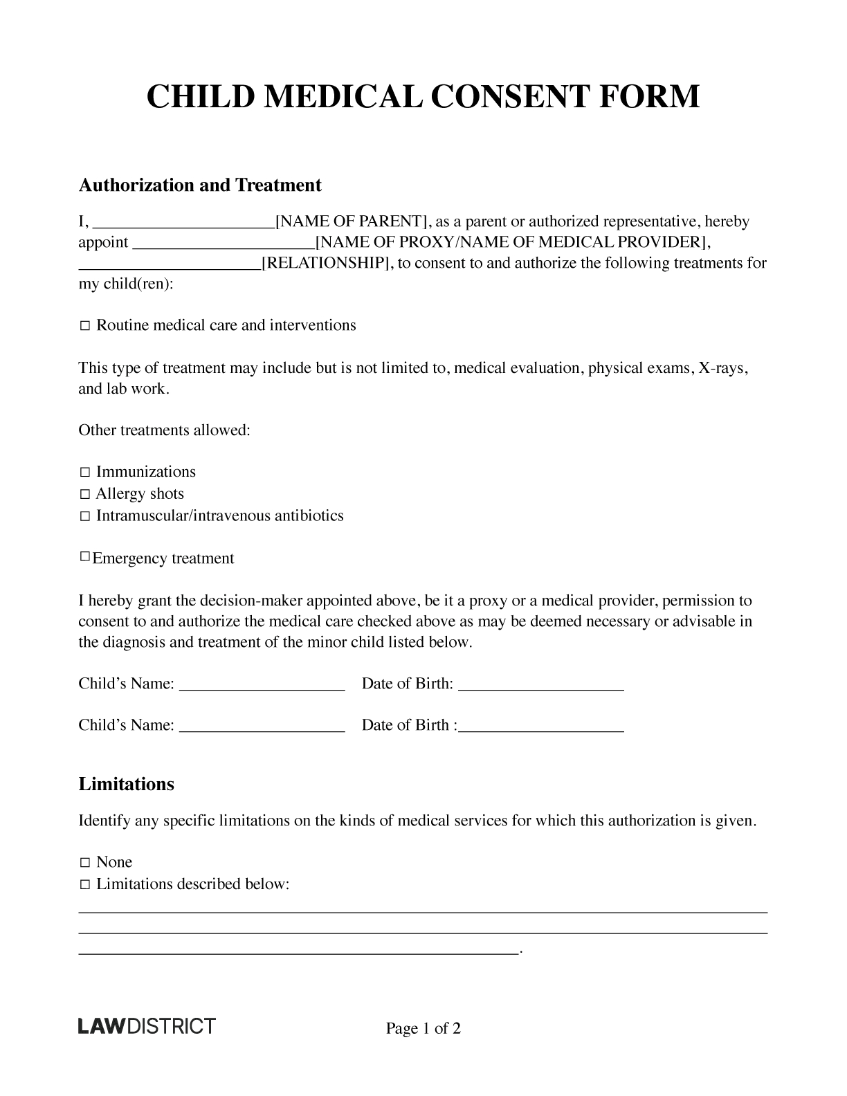 Free Child Medical Consent Form | Online Template | Lawdistrict with regard to Medical Consent Form Free Printable