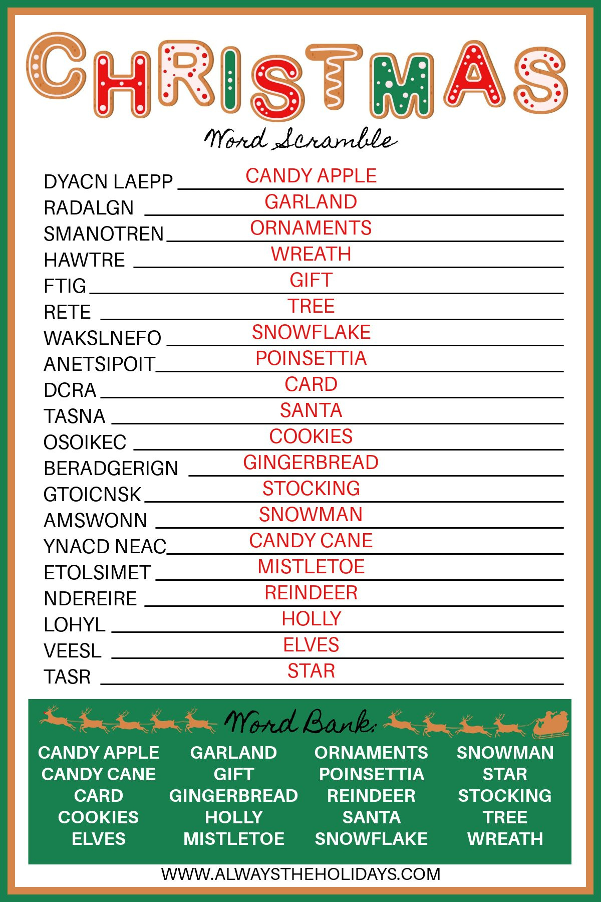 Free Christmas Word Scramble Printable With Answer Key Included with regard to Free Printable Christmas Word Scramble with Answers