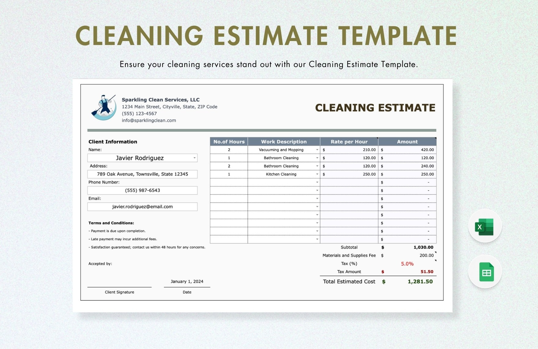 Free Cleaning Estimate Templates, Editable And Printable for Free Printable Cleaning Estimate Forms